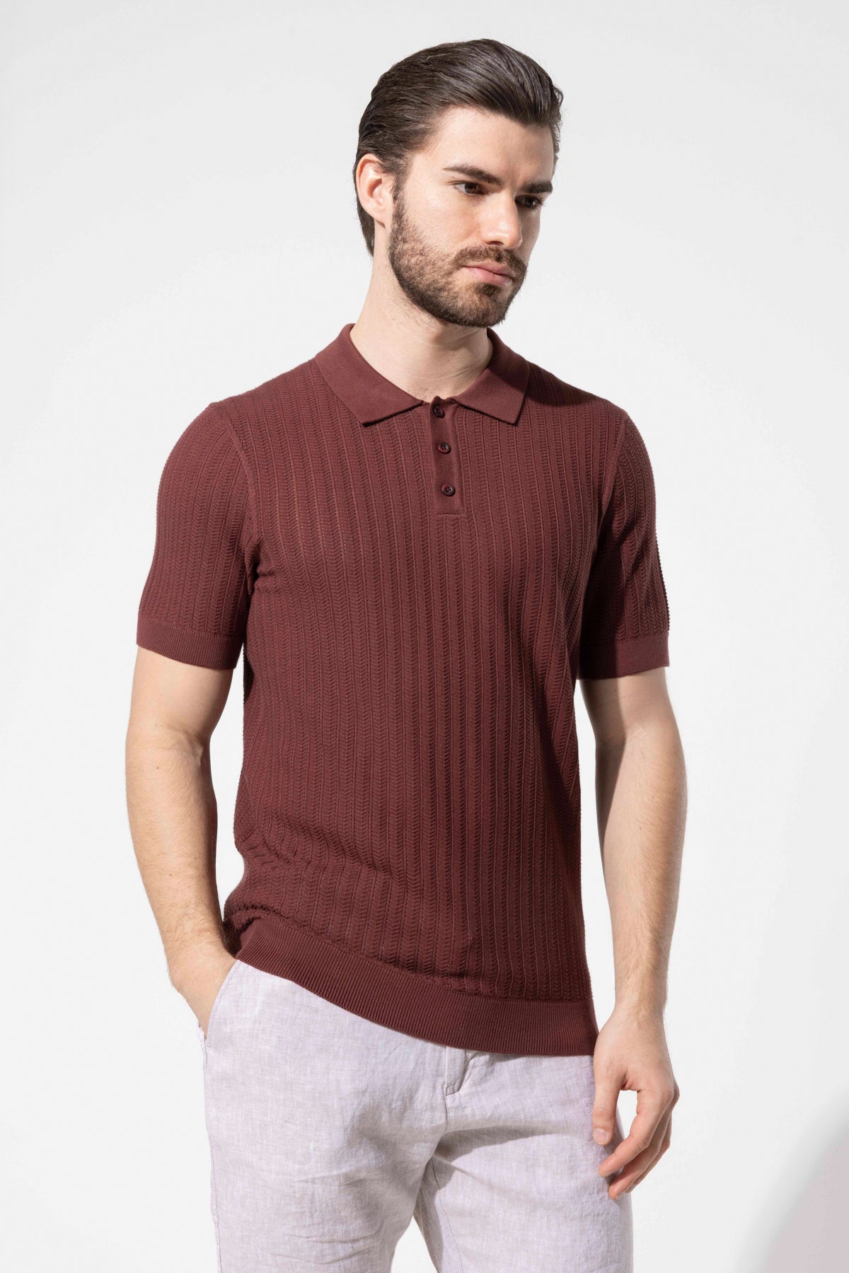 Dikey Dokulu Polo Yaka Erkek Triko Tişört