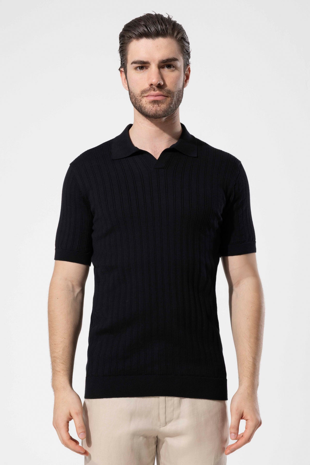 Ribbed Textured Polo Neck Cotton Knit T-Shirt