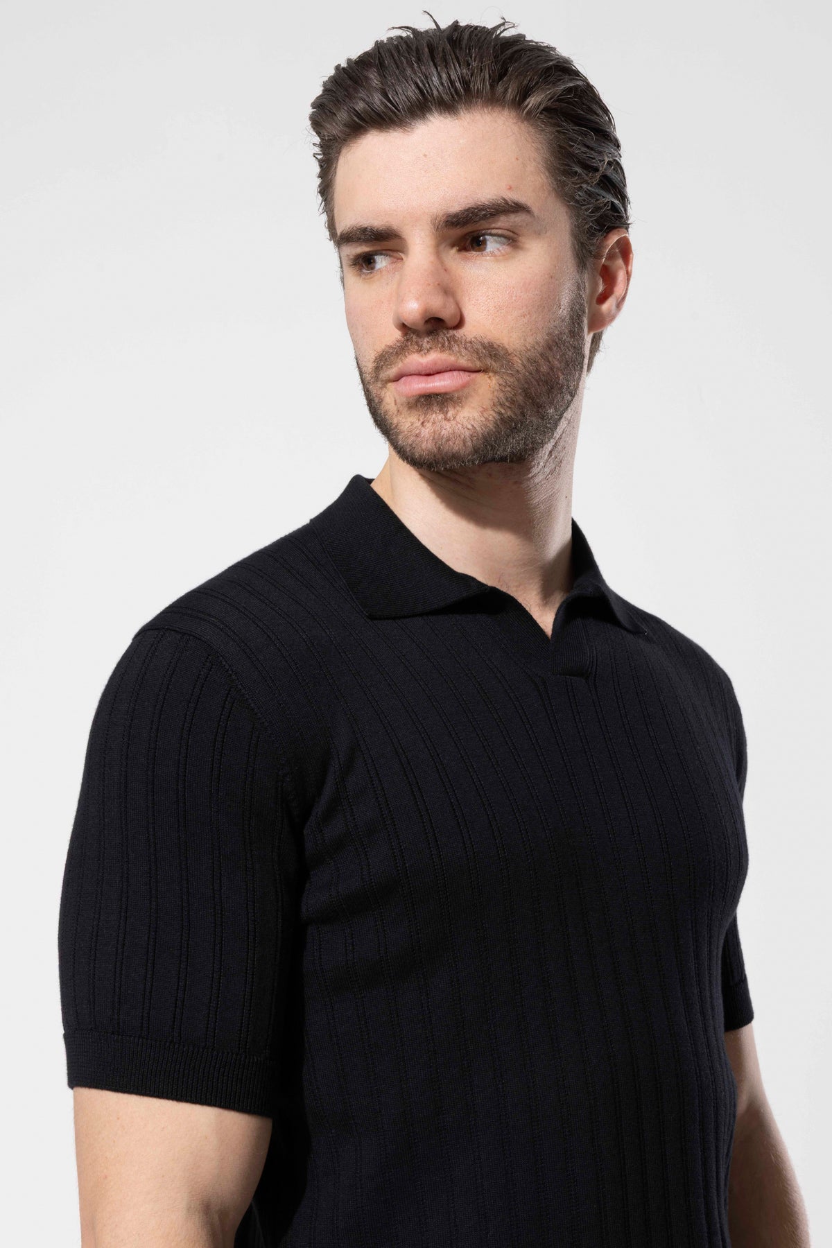 Ribbed Textured Polo Neck Cotton Knit T-Shirt