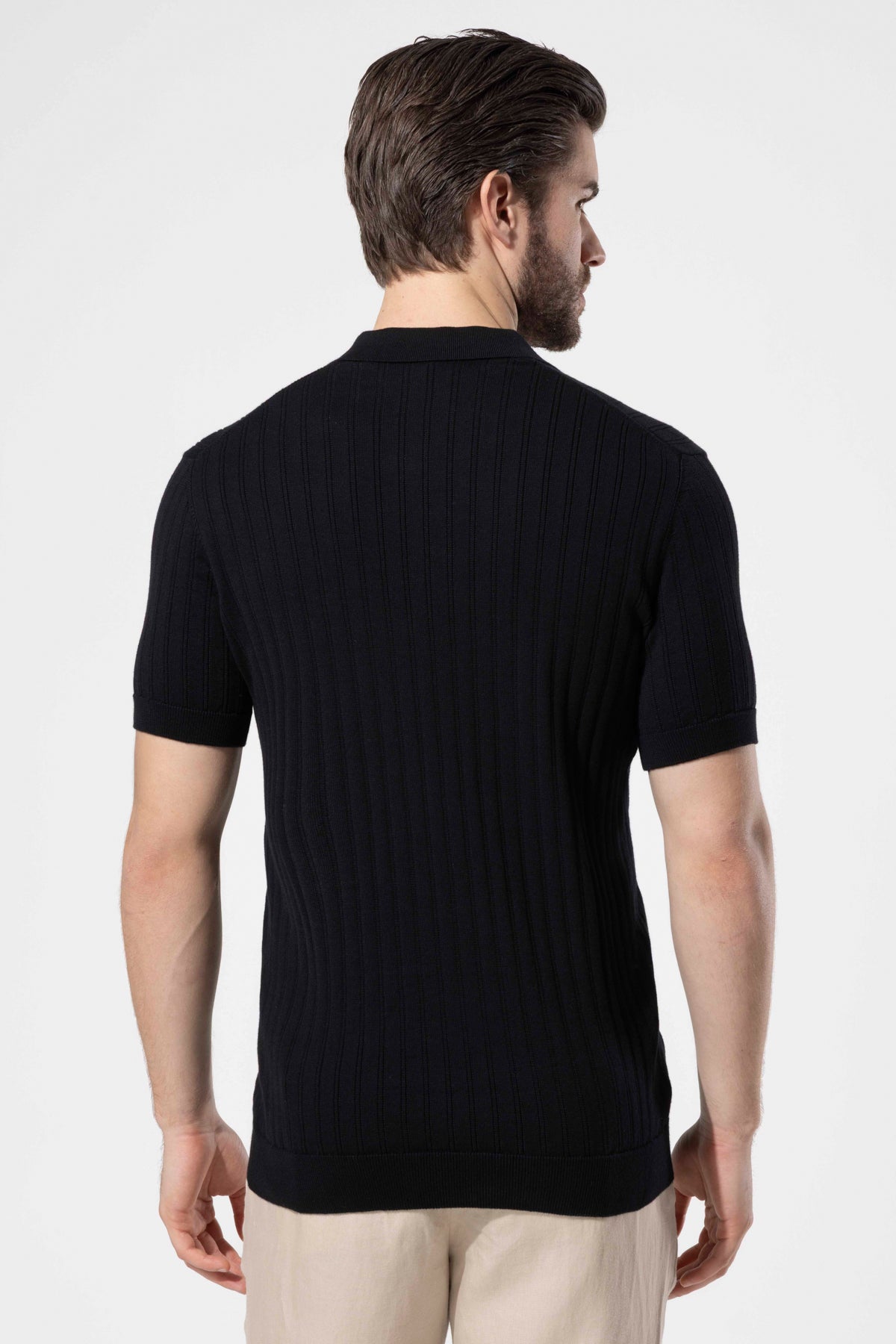 Ribbed Textured Polo Neck Cotton Knit T-Shirt