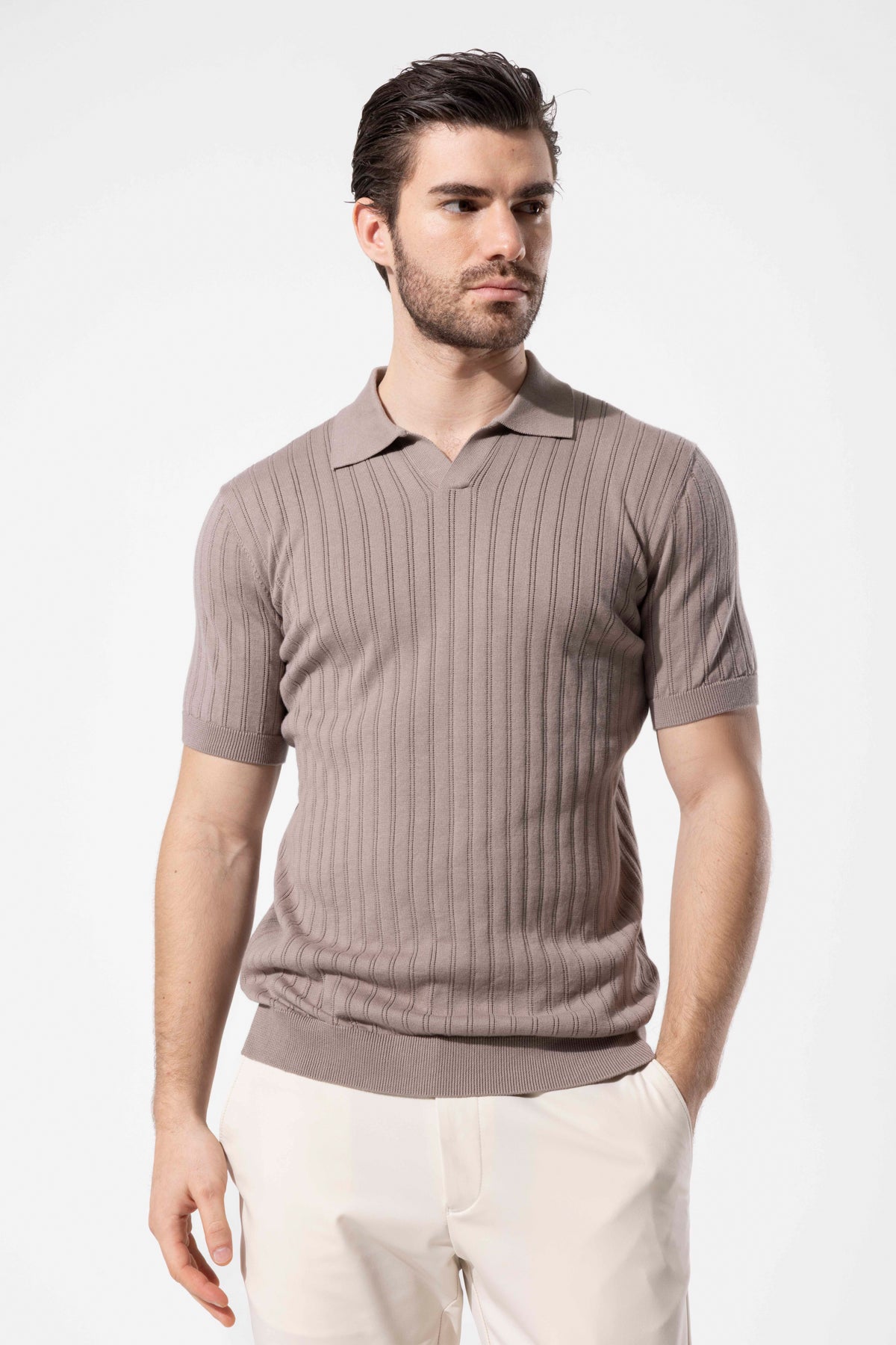 Ribbed Textured Polo Neck Cotton Knit T-Shirt