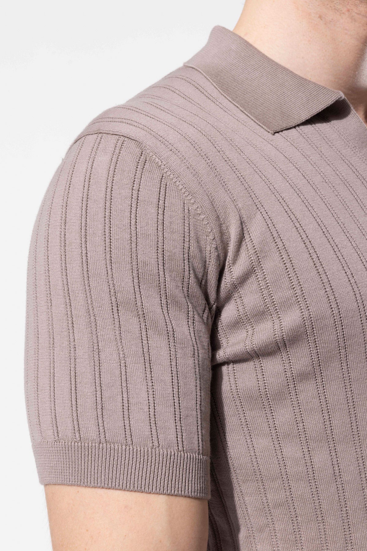 Ribbed Textured Polo Neck Cotton Knit T-Shirt