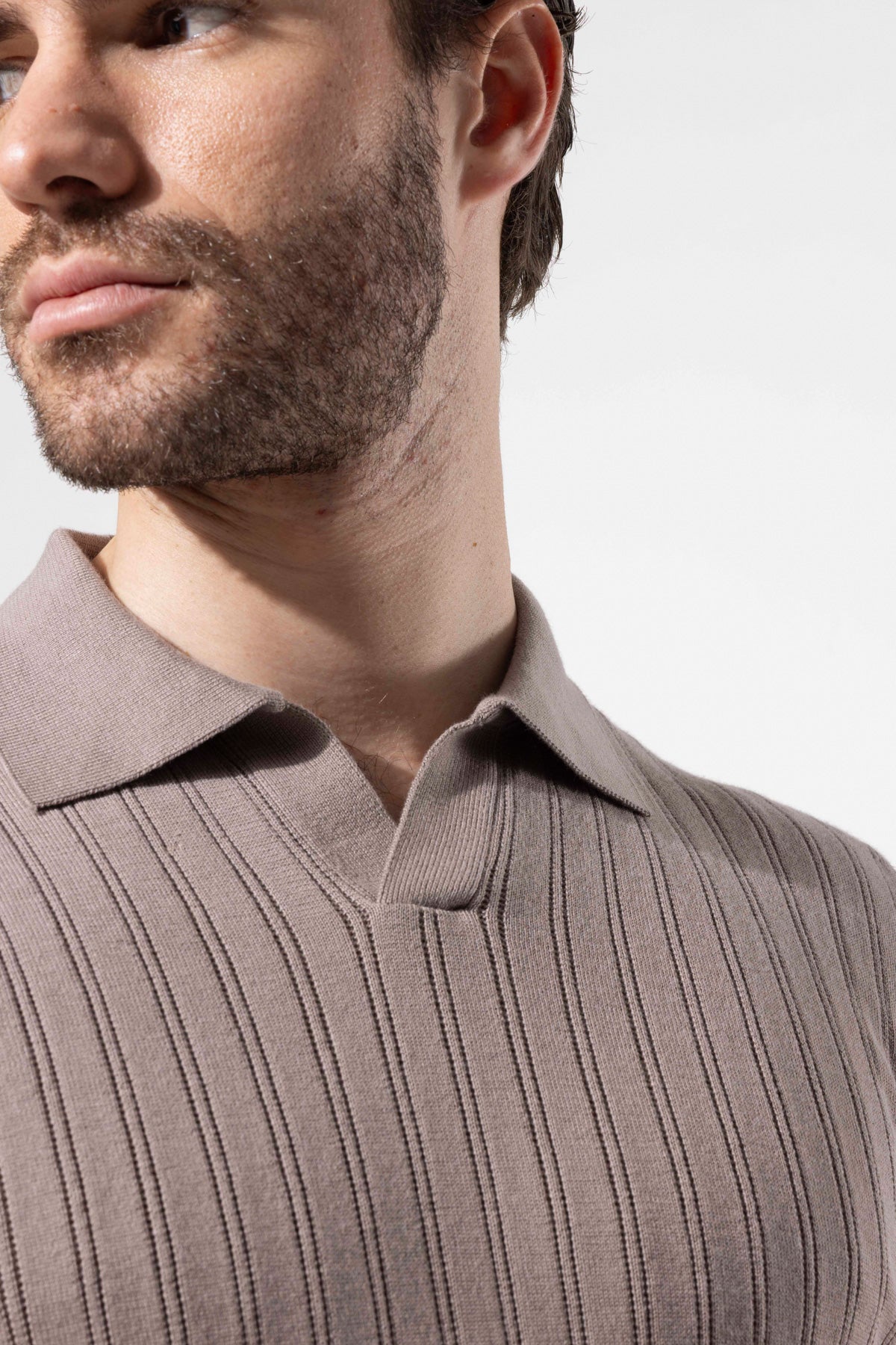 Ribbed Textured Polo Neck Cotton Knit T-Shirt