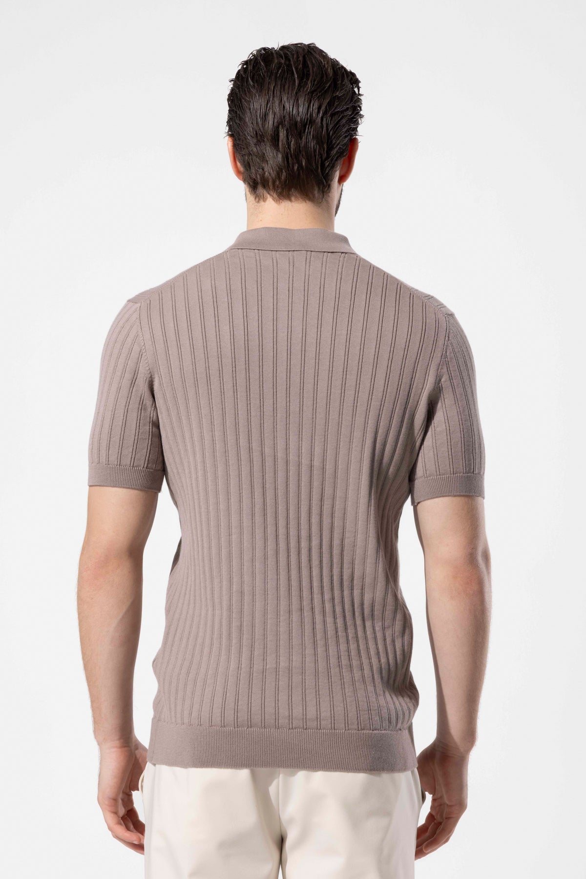 Ribbed Textured Polo Neck Cotton Knit T-Shirt