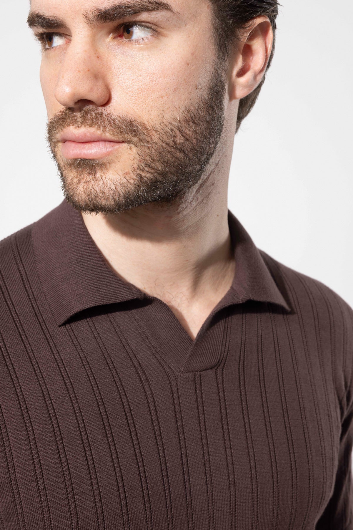 Ribbed Textured Polo Neck Cotton Knit T-Shirt