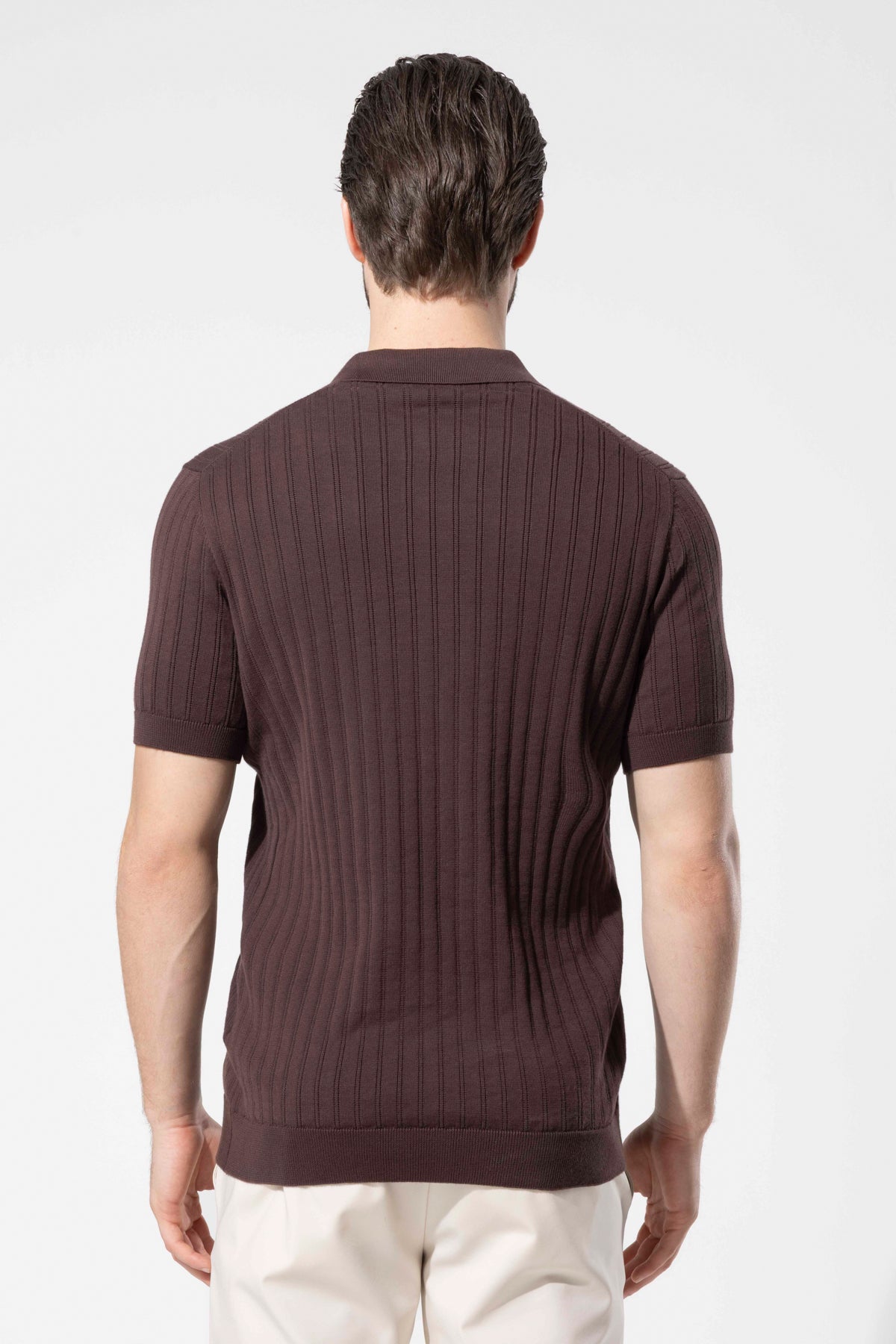 Ribbed Textured Polo Neck Cotton Knit T-Shirt