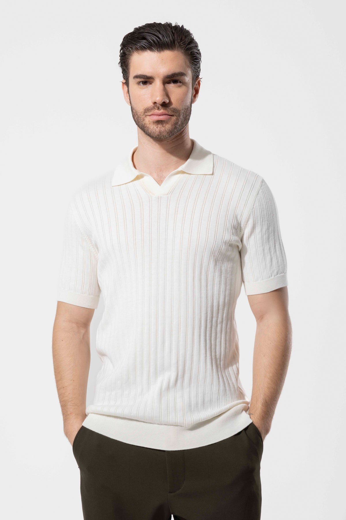 Ribbed Textured Polo Neck Cotton Knit T-Shirt