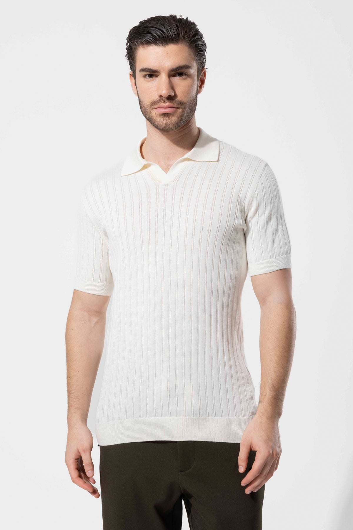 Ribbed Textured Polo Neck Cotton Knit T-Shirt