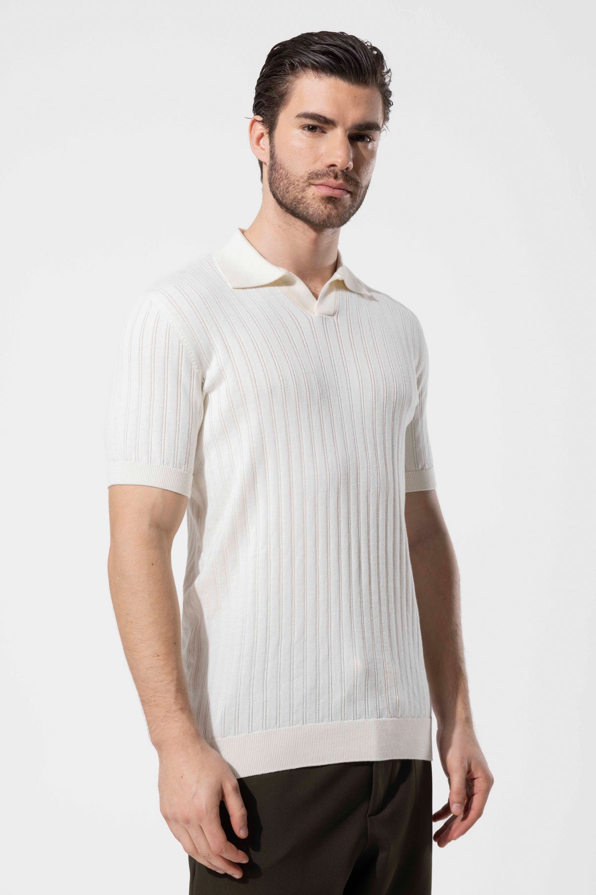 Ribbed Textured Polo Neck Cotton Knit T-Shirt