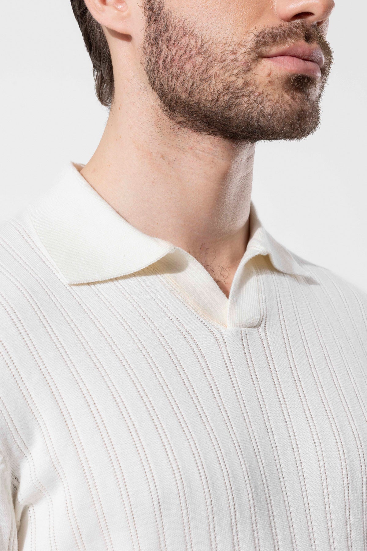 Ribbed Textured Polo Neck Cotton Knit T-Shirt