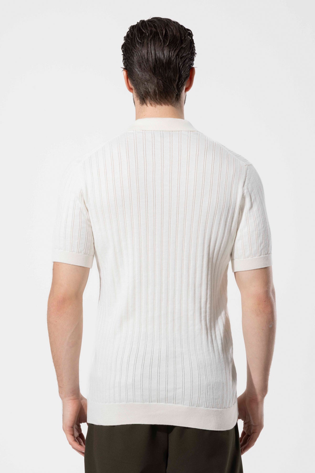 Ribbed Textured Polo Neck Cotton Knit T-Shirt