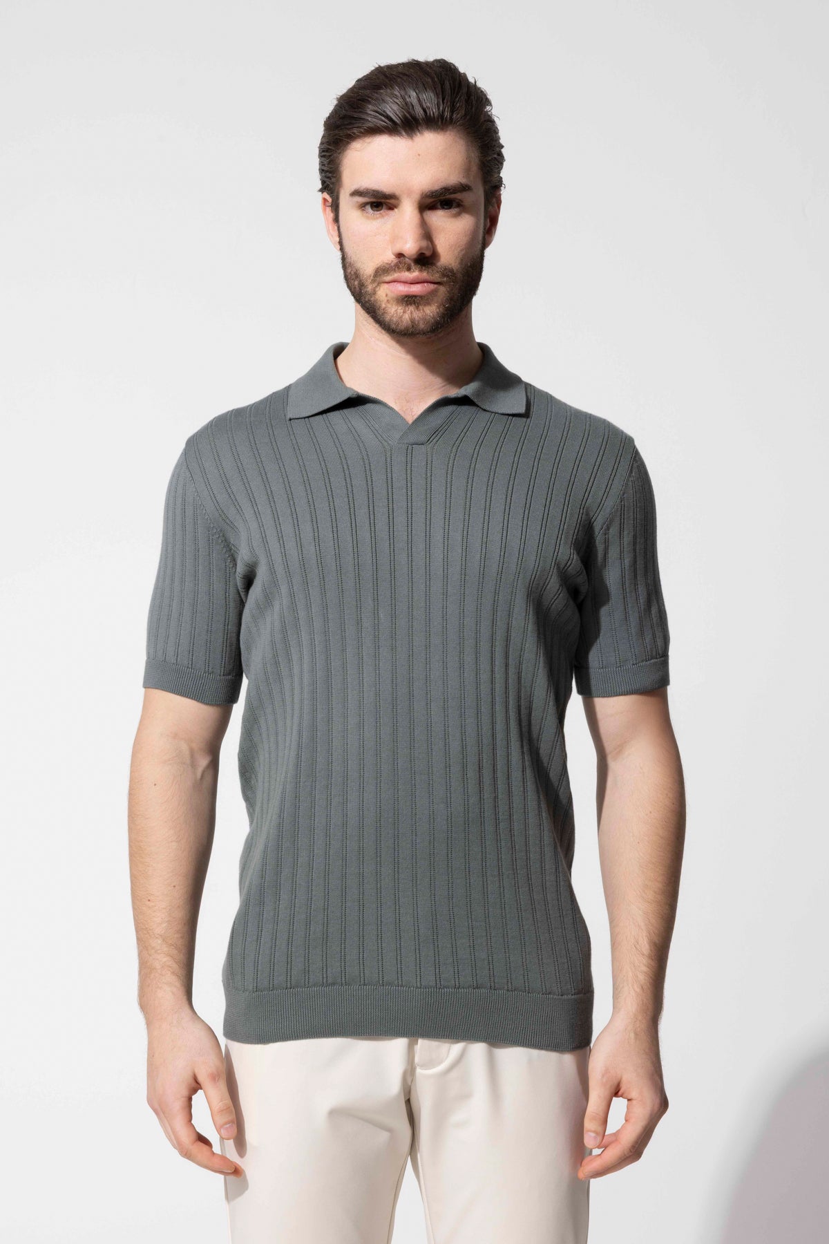 Ribbed Textured Polo Neck Cotton Knit T-Shirt