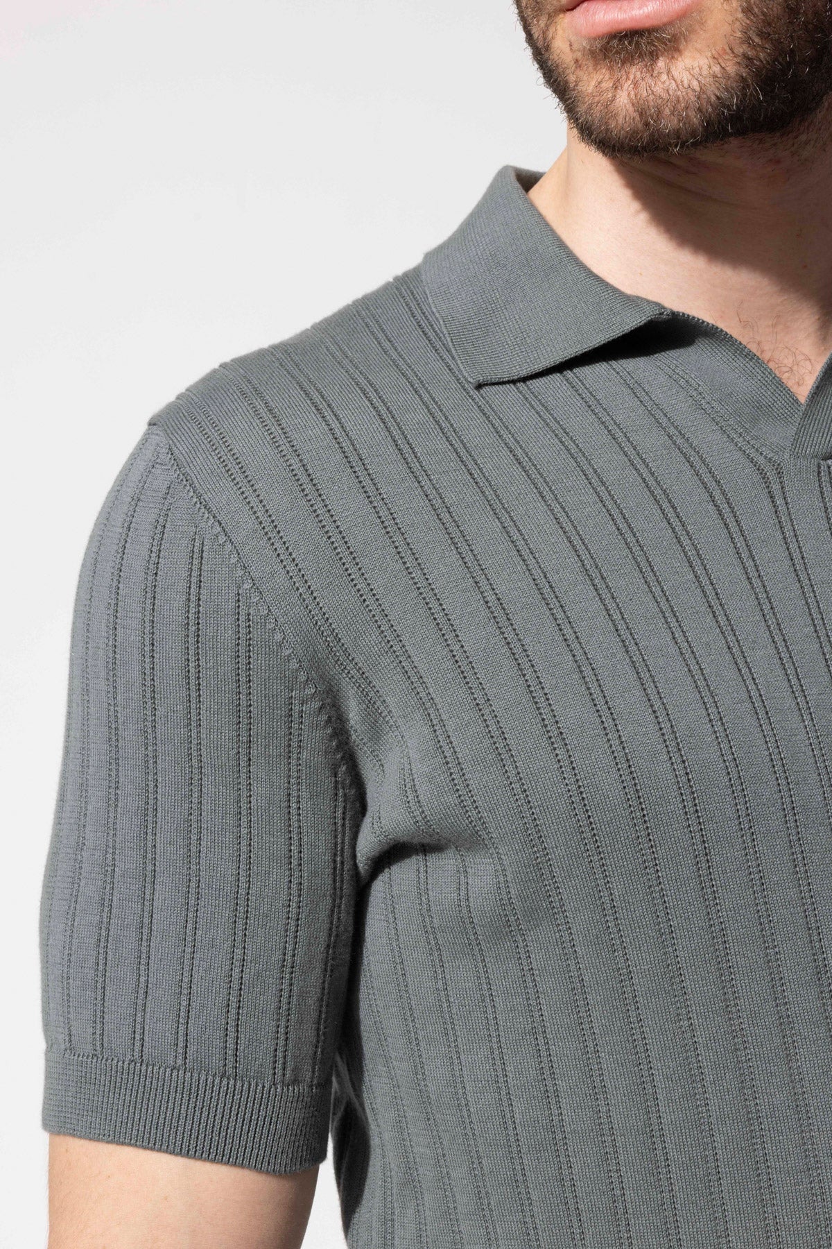 Ribbed Textured Polo Neck Cotton Knit T-Shirt