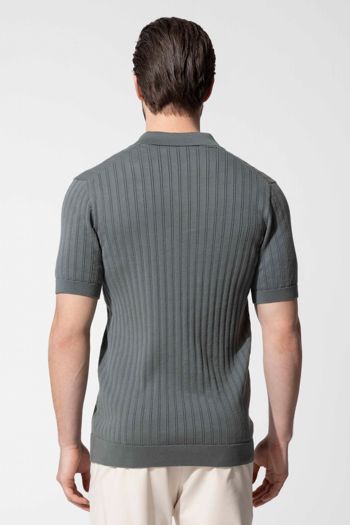 Ribbed Textured Polo Neck Cotton Knit T-Shirt