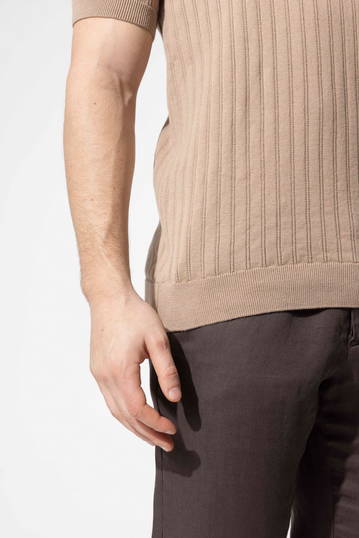 Ribbed Textured Polo Neck Cotton Knit T-Shirt
