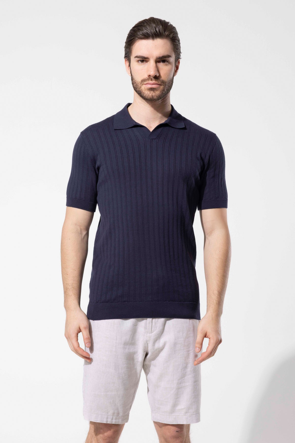 Ribbed Textured Polo Neck Cotton Knit T-Shirt