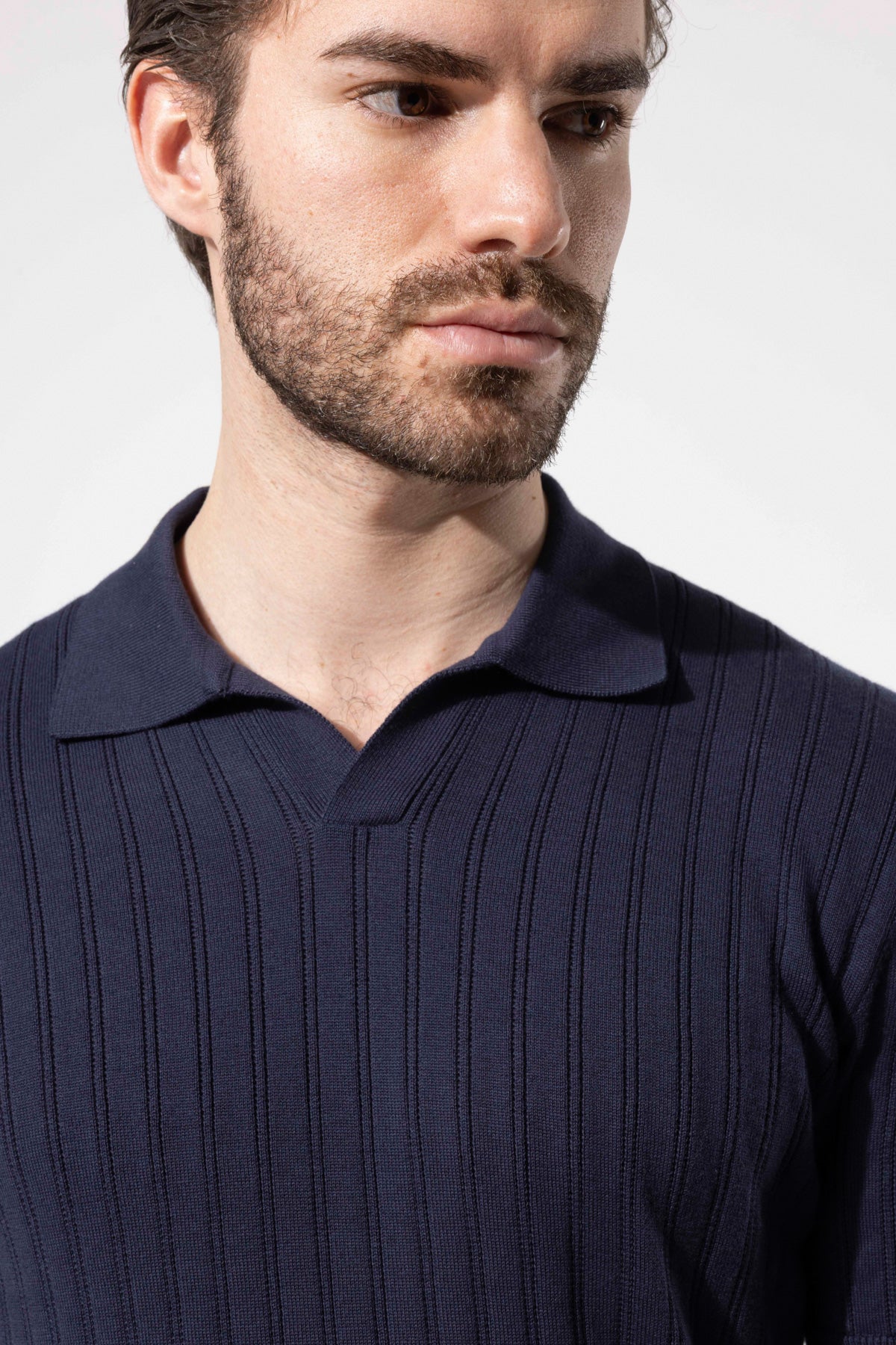 Ribbed Textured Polo Neck Cotton Knit T-Shirt