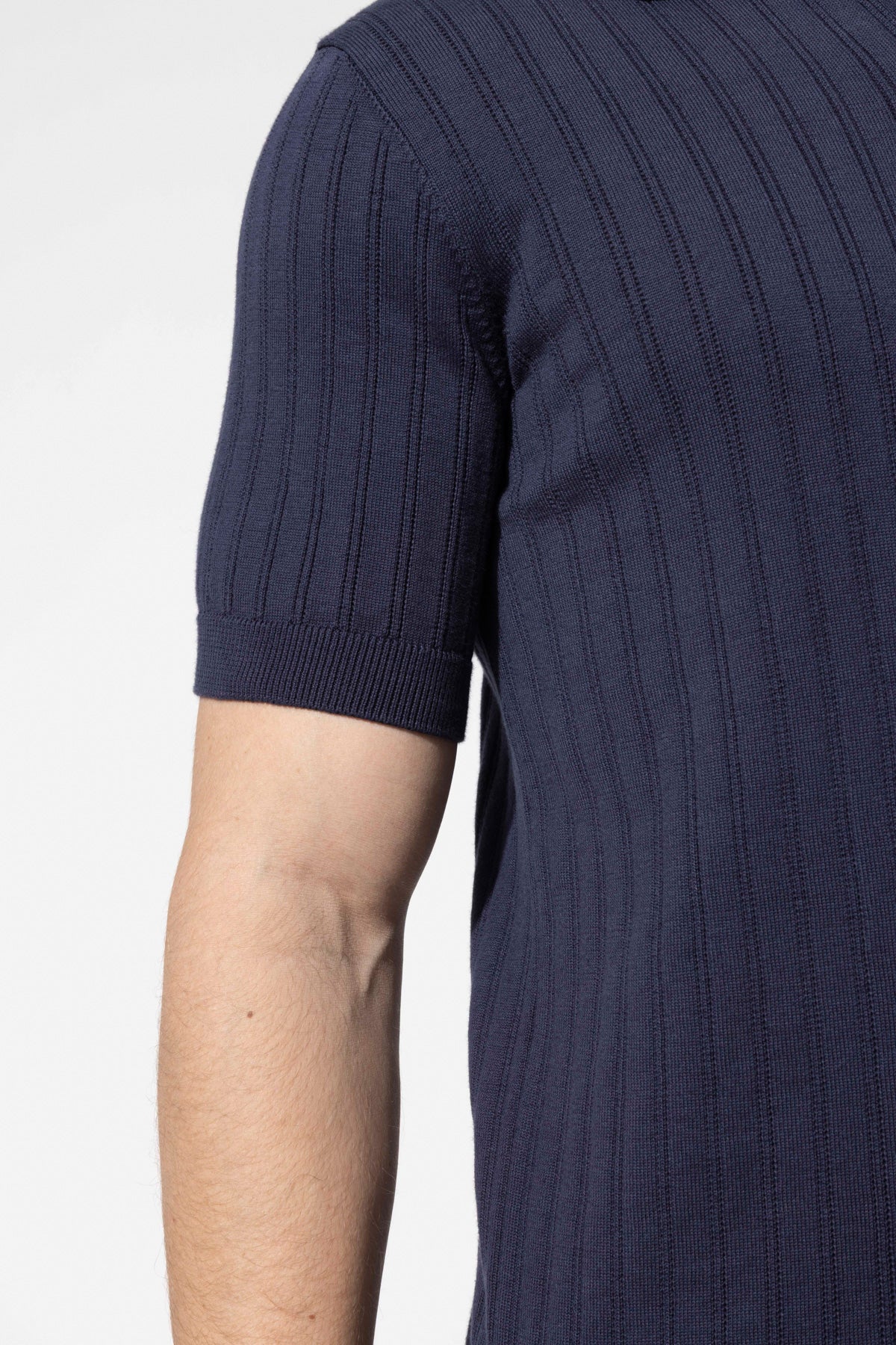 Ribbed Textured Polo Neck Cotton Knit T-Shirt