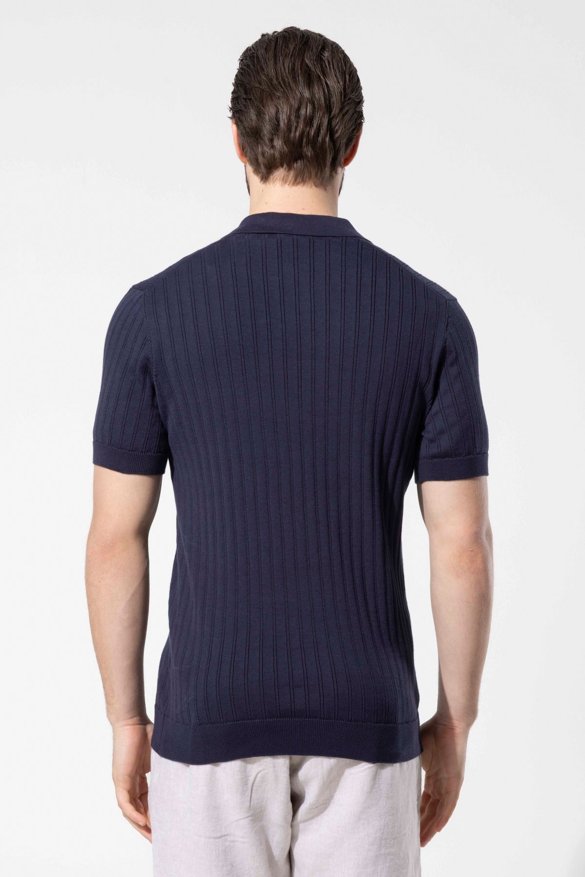 Ribbed Textured Polo Neck Cotton Knit T-Shirt
