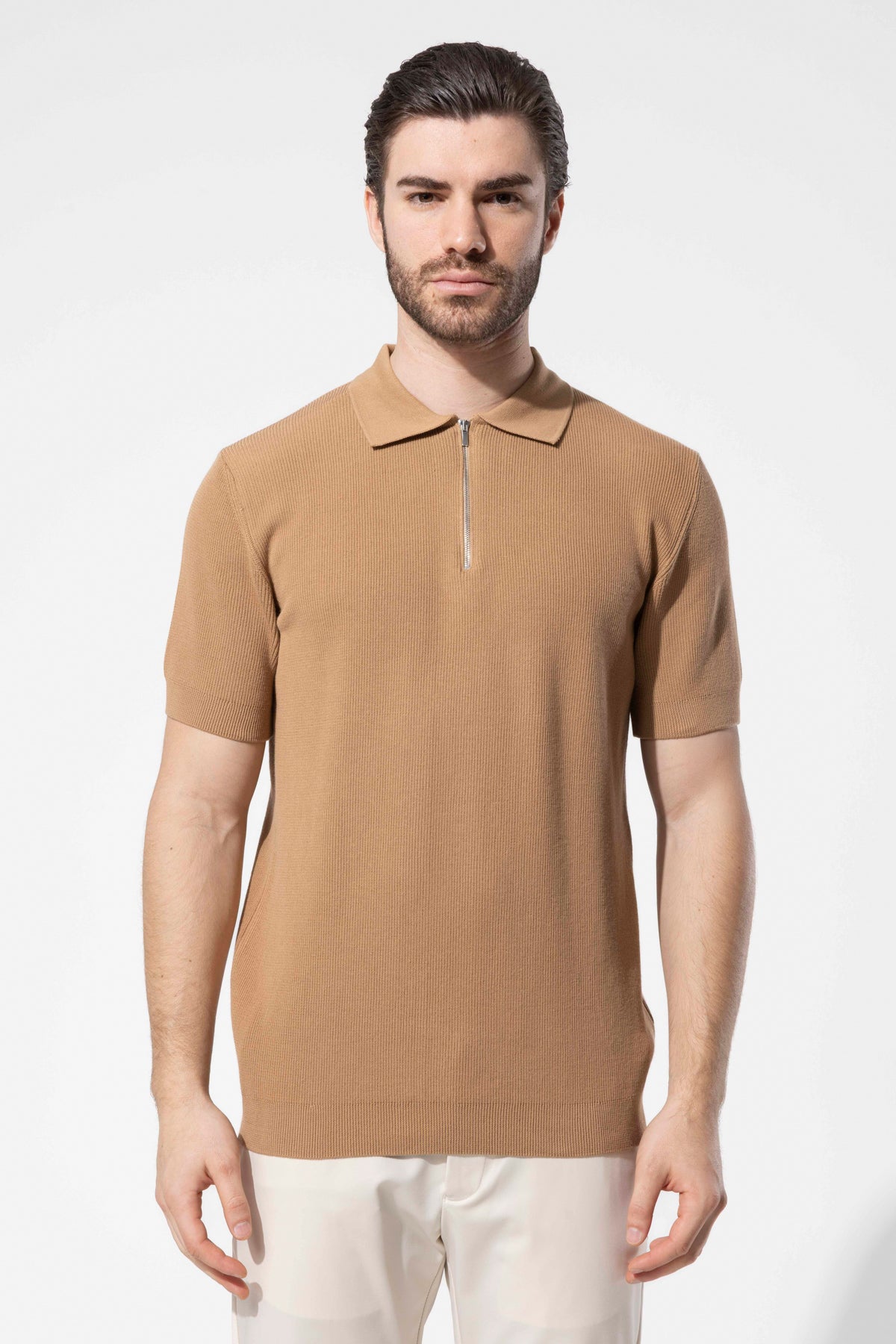 Zip-Neck Knit Polo Shirt