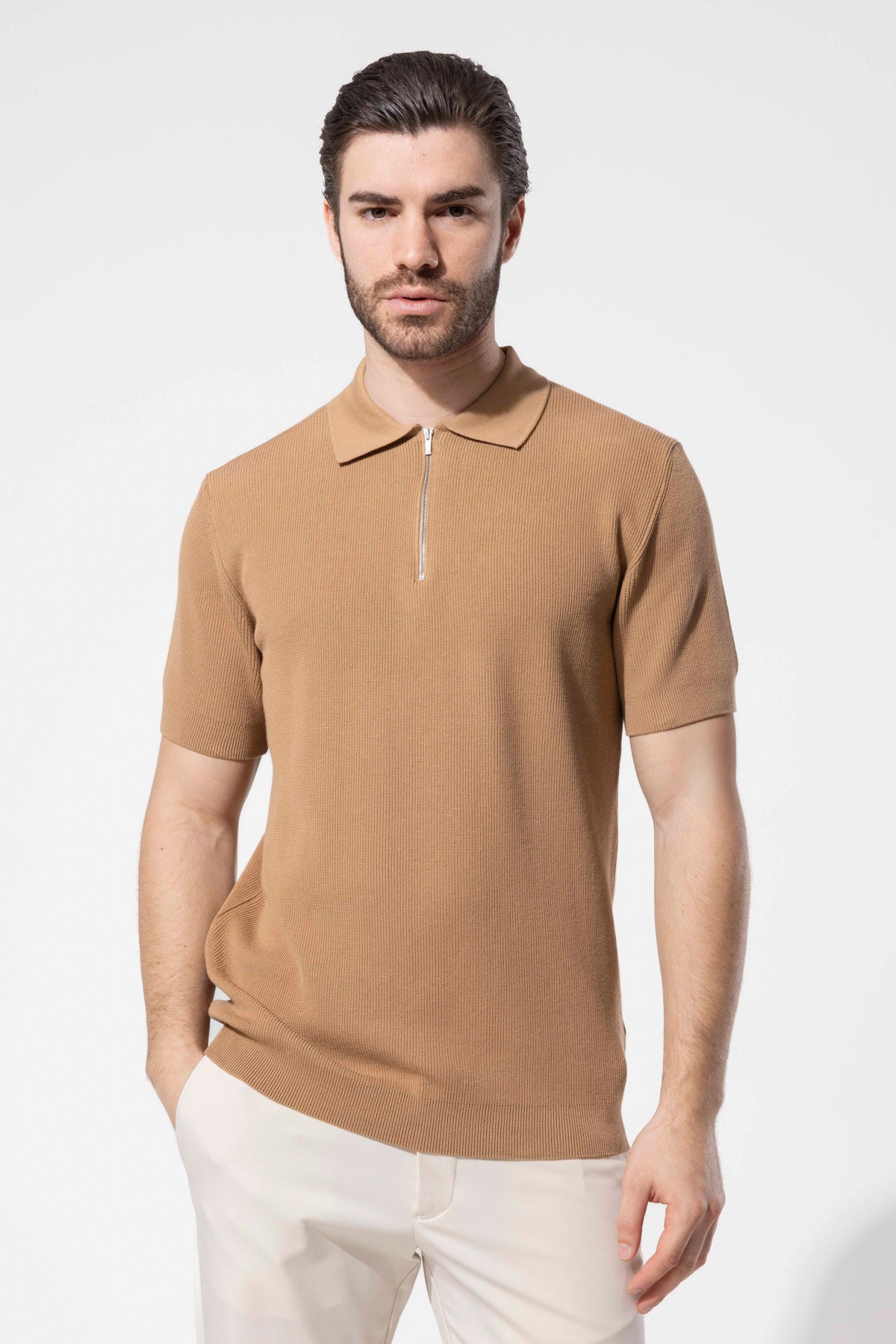 Zip-Neck Knit Polo Shirt