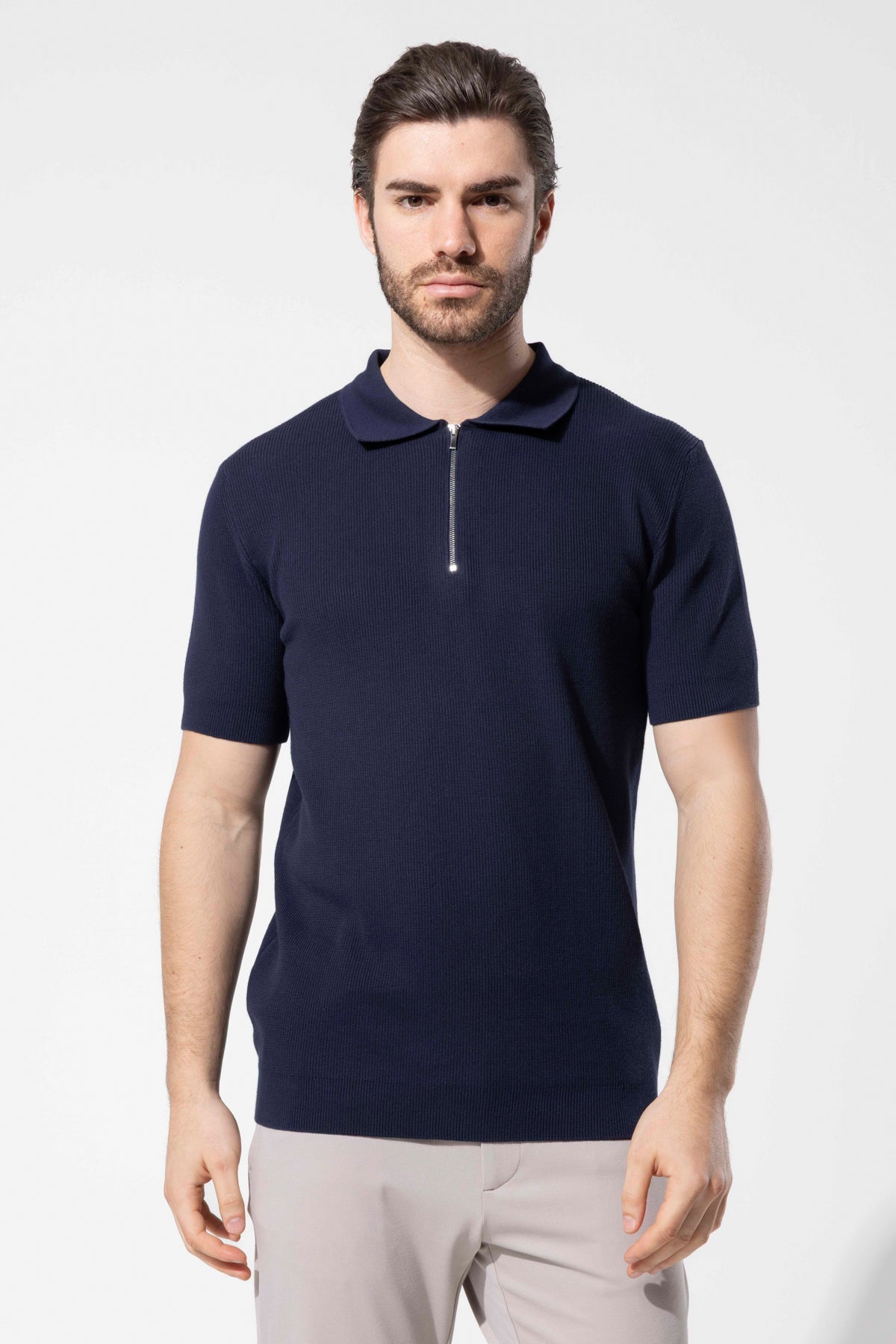 Zip-Neck Knit Polo Shirt