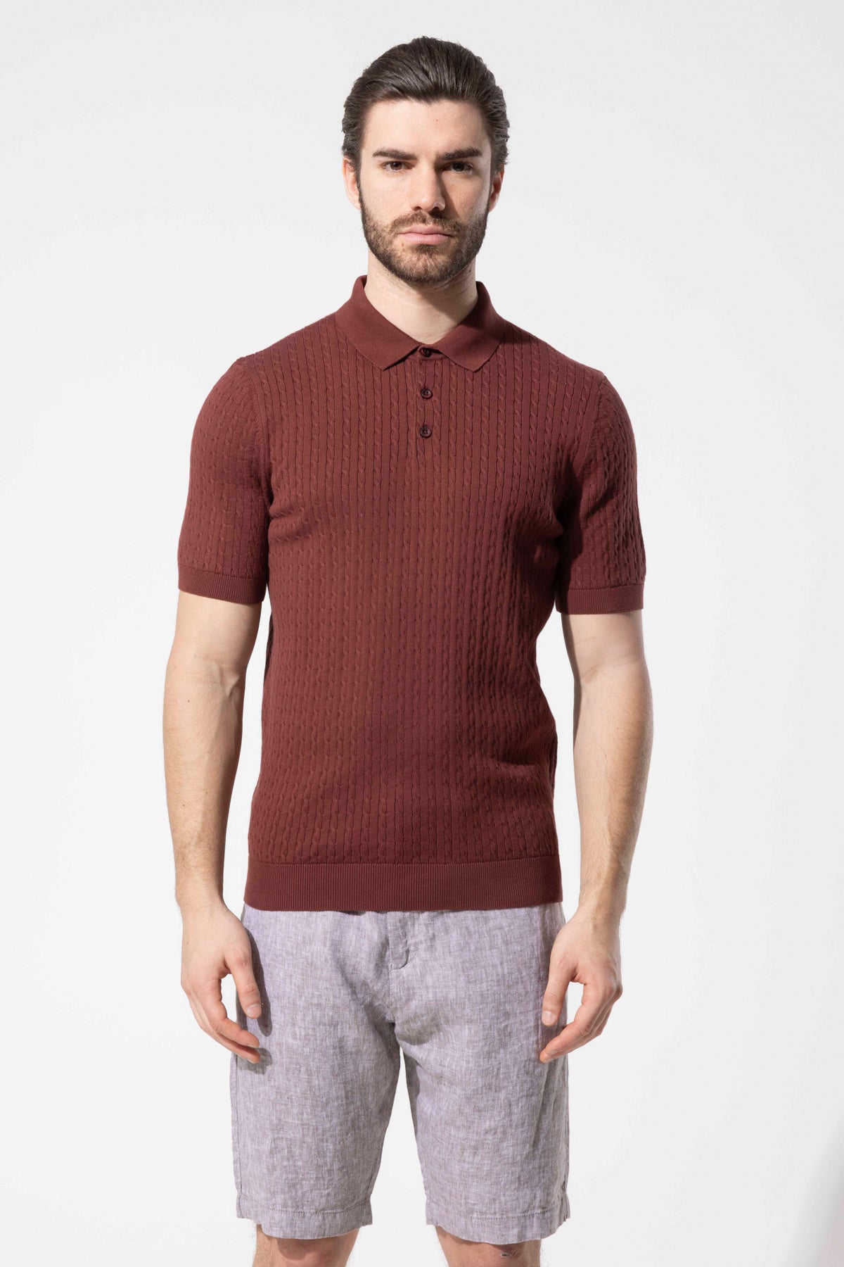 Honeycomb Knit Patterned Polo Collar Cotton Knit T-Shirt
