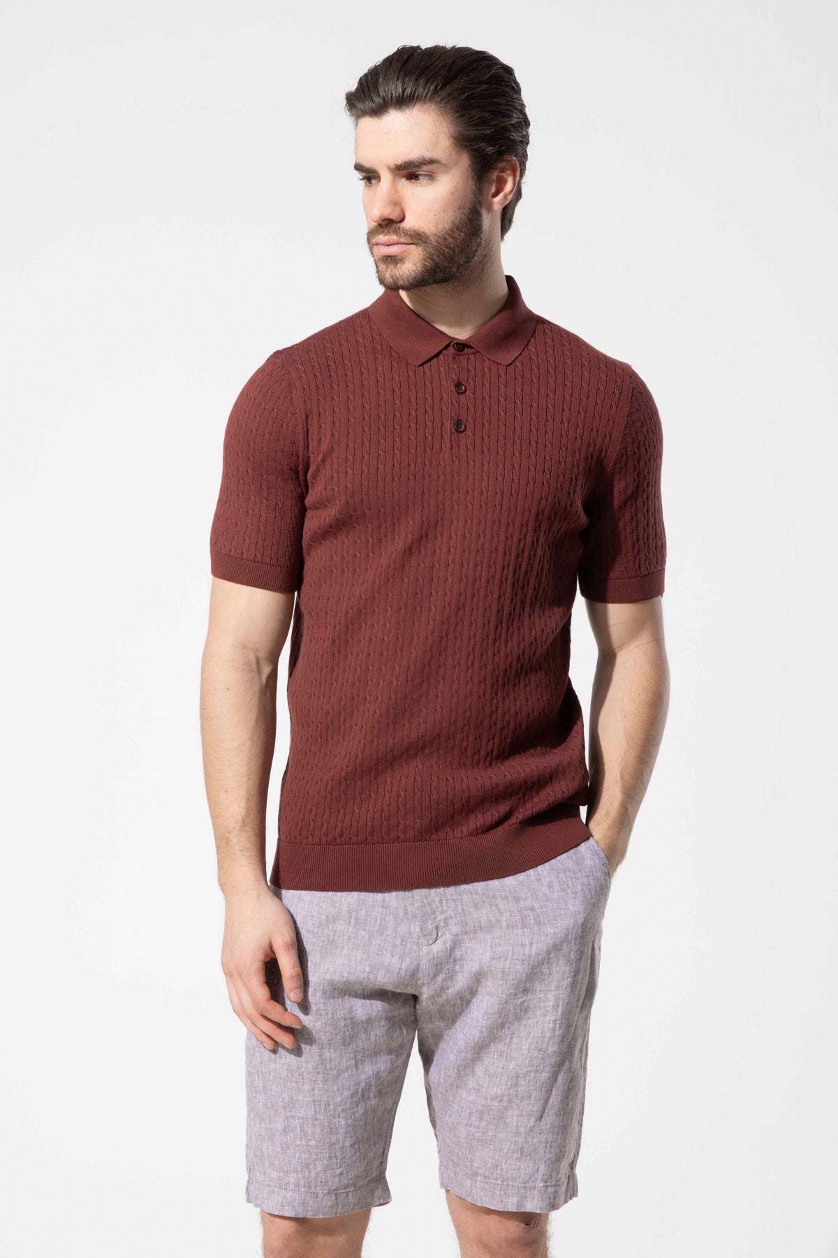 Honeycomb Knit Patterned Polo Collar Cotton Knit T-Shirt