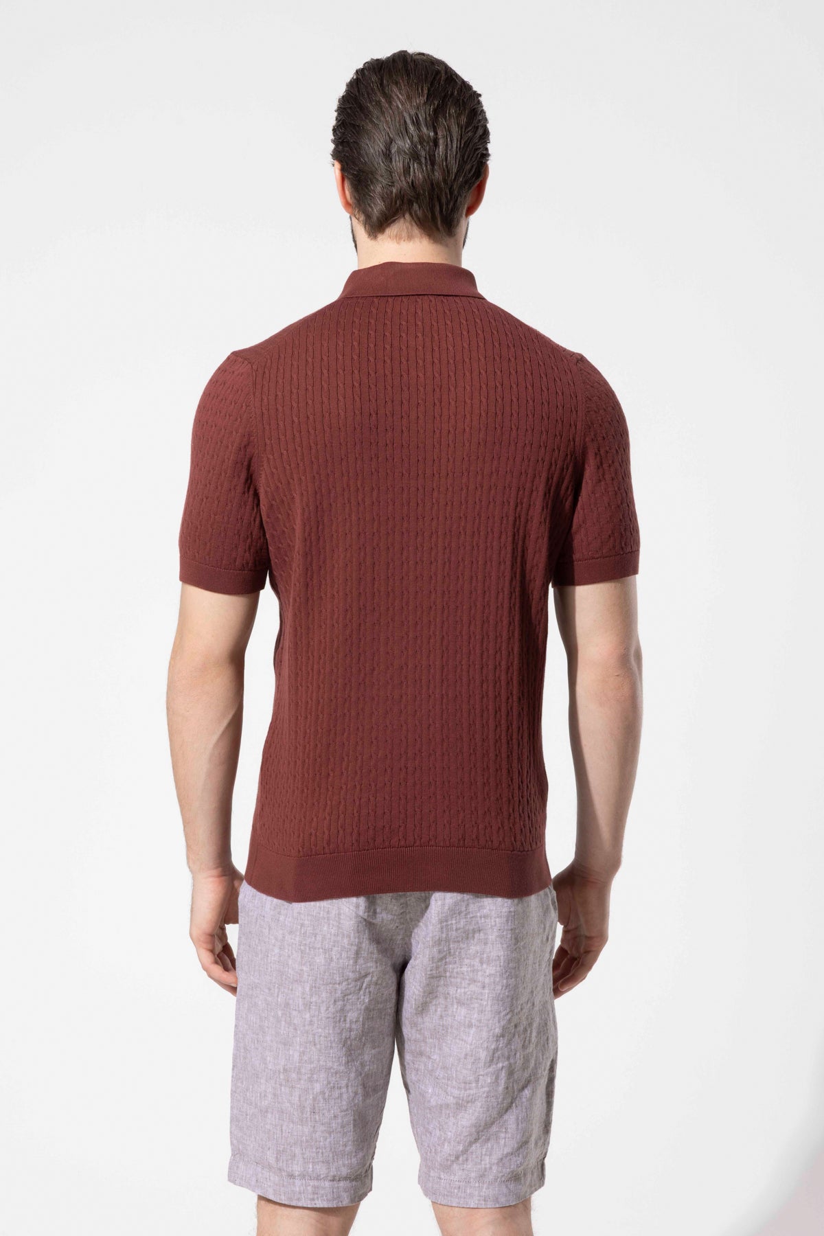 Honeycomb Knit Patterned Polo Collar Cotton Knit T-Shirt