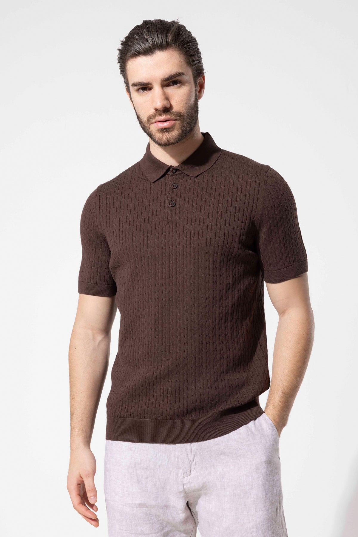 Retro Dokulu Polo Yaka Pamuk Triko Tişört