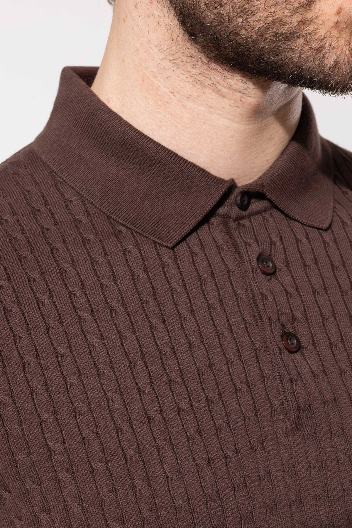 Honeycomb Knit Patterned Polo Collar Cotton Knit T-Shirt