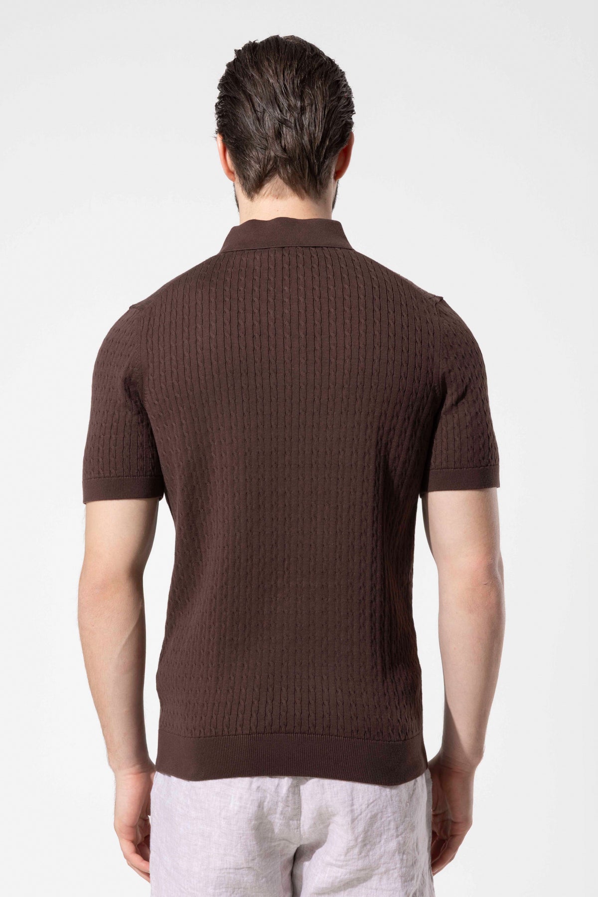 Honeycomb Knit Patterned Polo Collar Cotton Knit T-Shirt