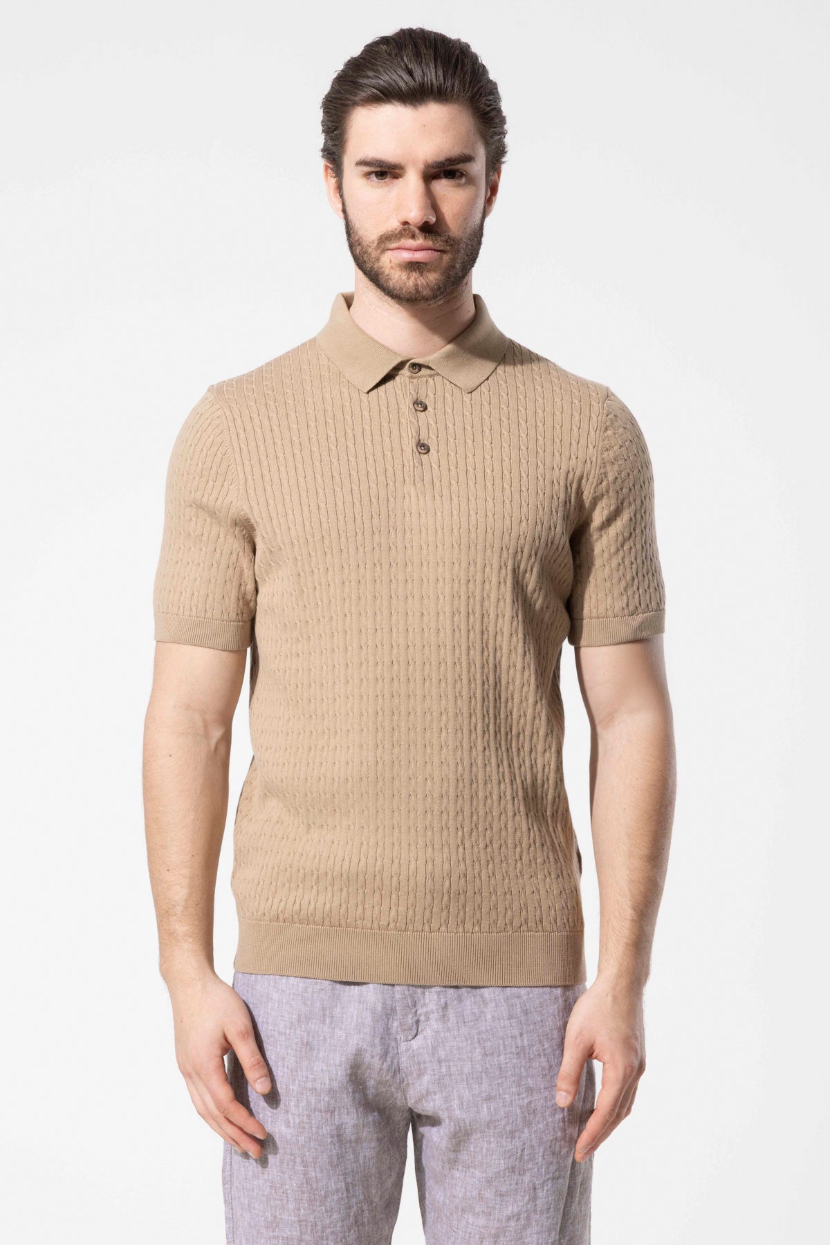 Honeycomb Knit Patterned Polo Collar Cotton Knit T-Shirt