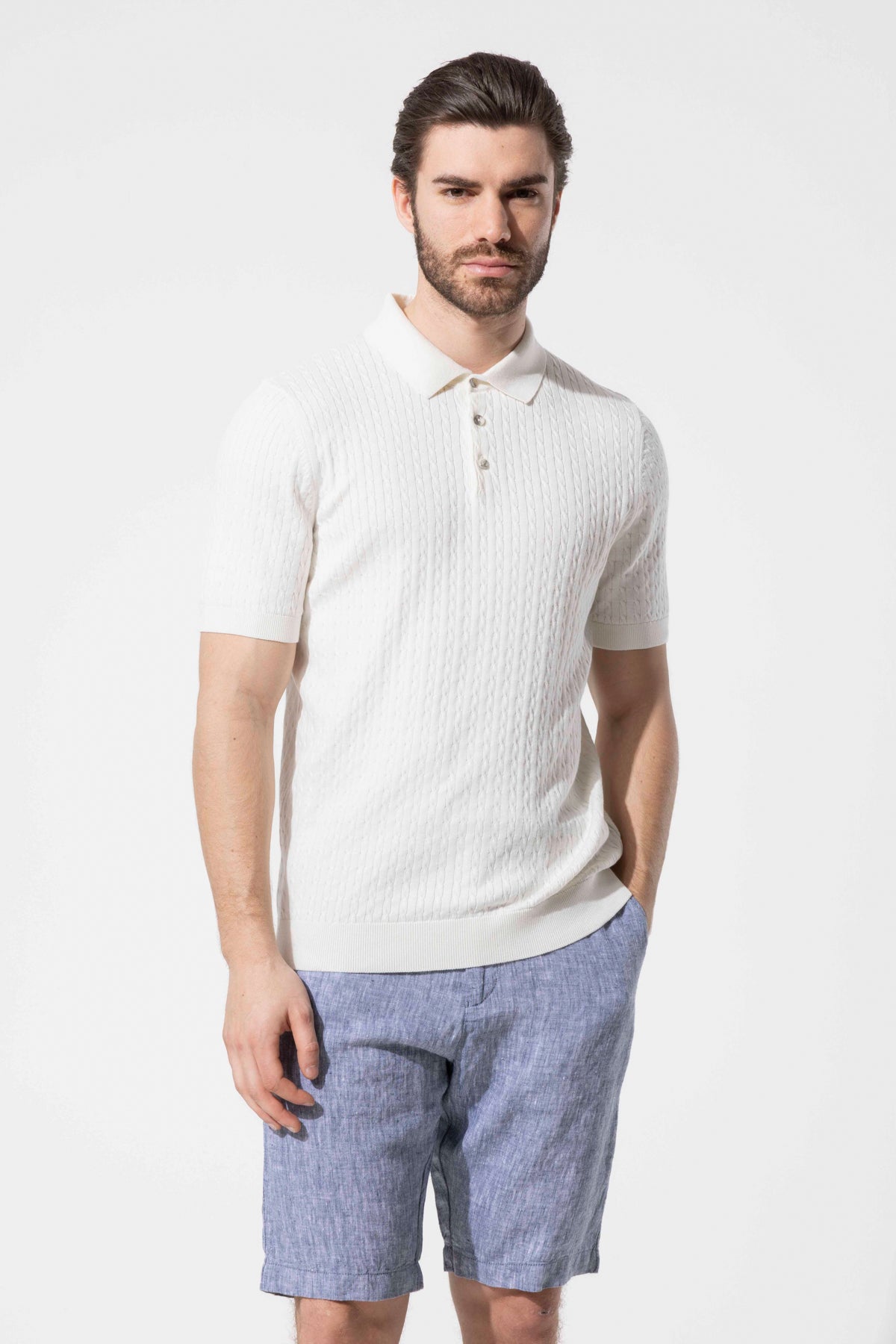 Honeycomb Knit Patterned Polo Collar Cotton Knit T-Shirt