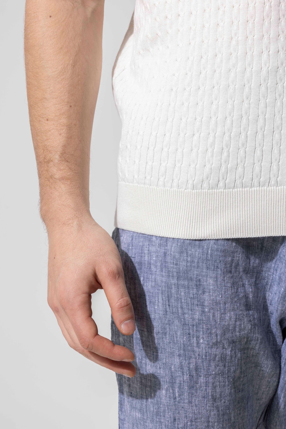 Honeycomb Knit Patterned Polo Collar Cotton Knit T-Shirt