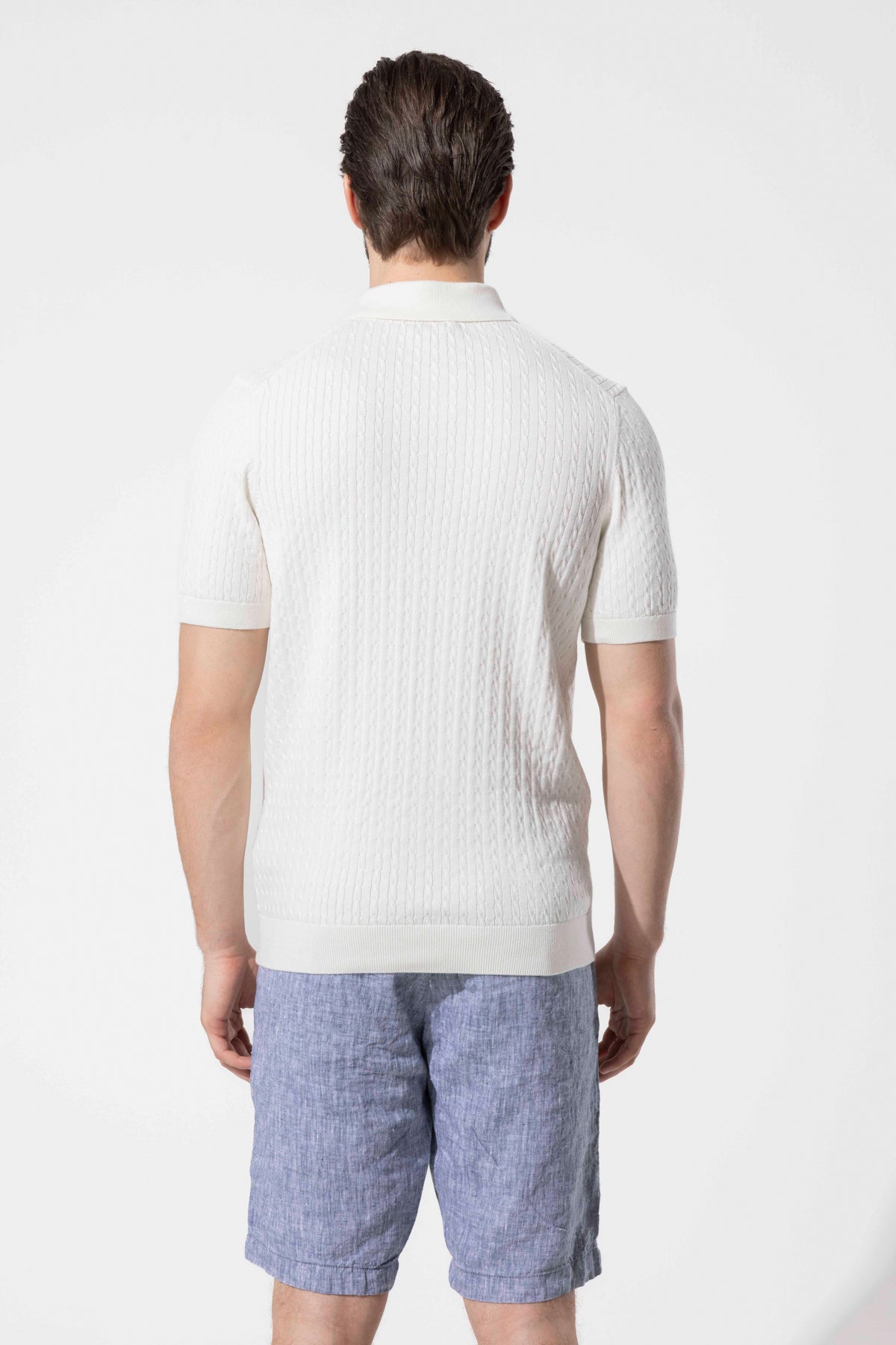Honeycomb Knit Patterned Polo Collar Cotton Knit T-Shirt