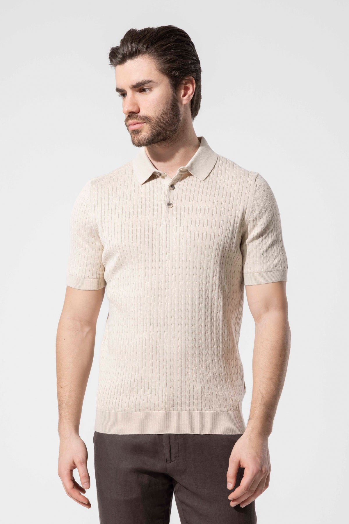 Honeycomb Knit Patterned Polo Collar Cotton Knit T-Shirt