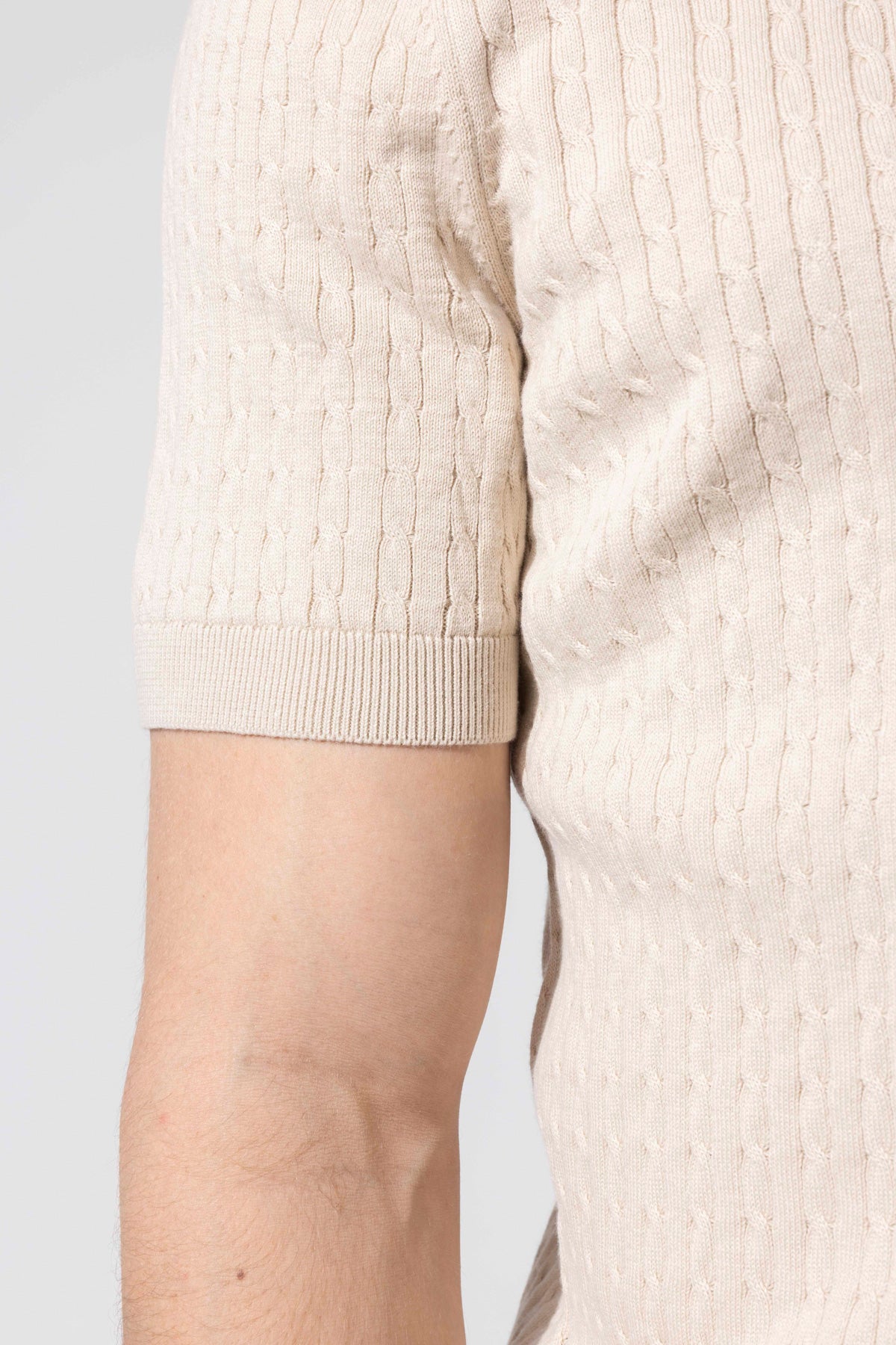 Honeycomb Knit Patterned Polo Collar Cotton Knit T-Shirt