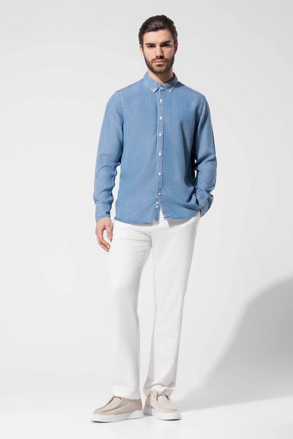Dokulu Button-Down Tencel Gömlek