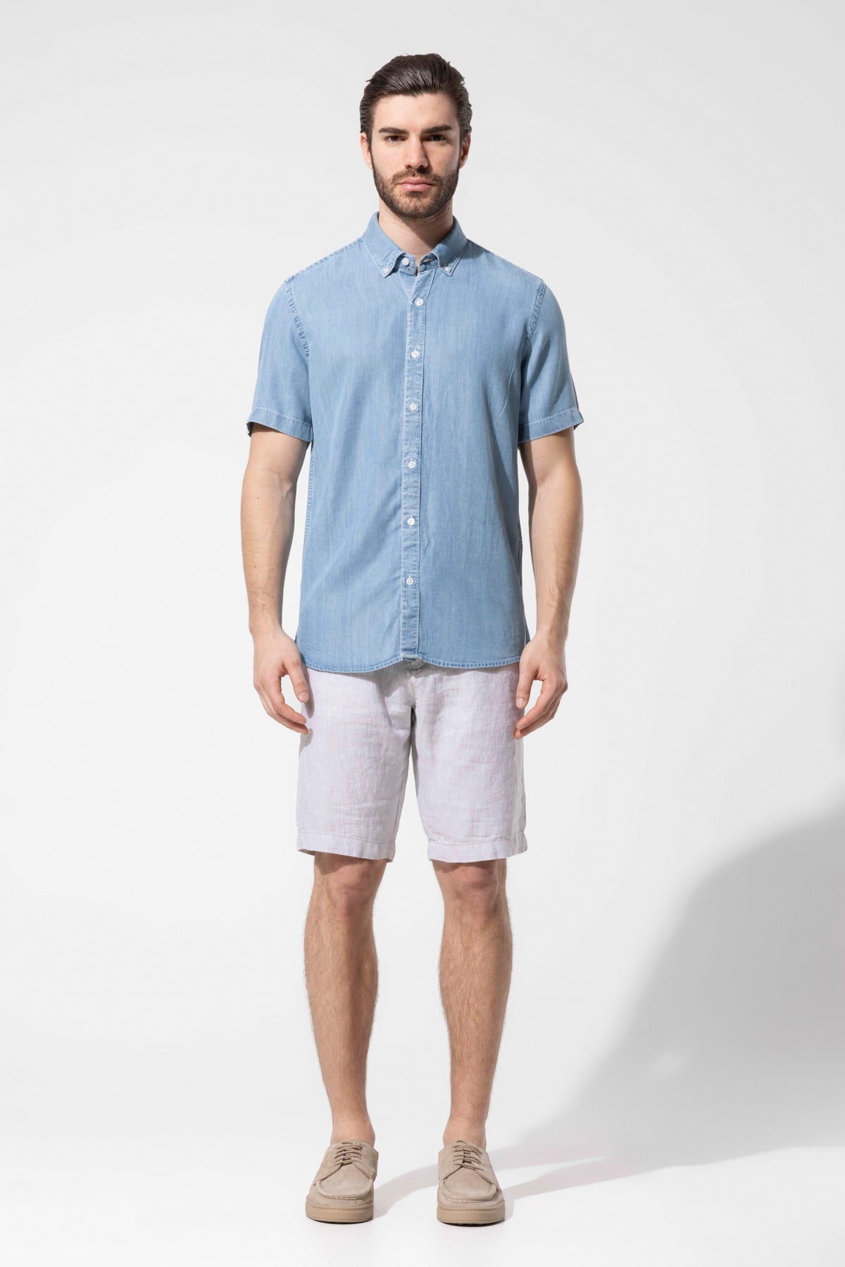 Button-Down Short-Sleeved Denim Shirt