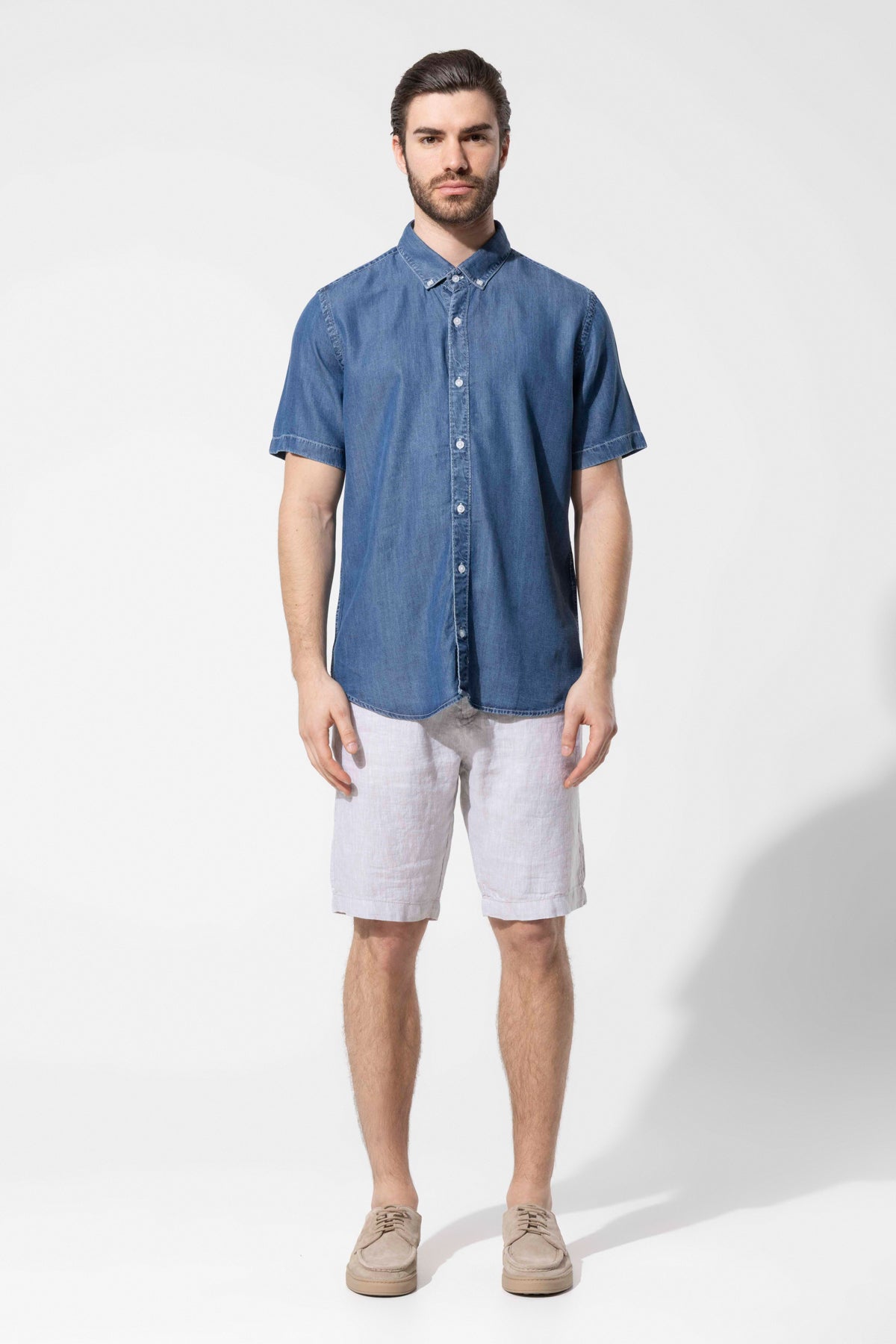 Button-Down Short-Sleeved Denim Shirt