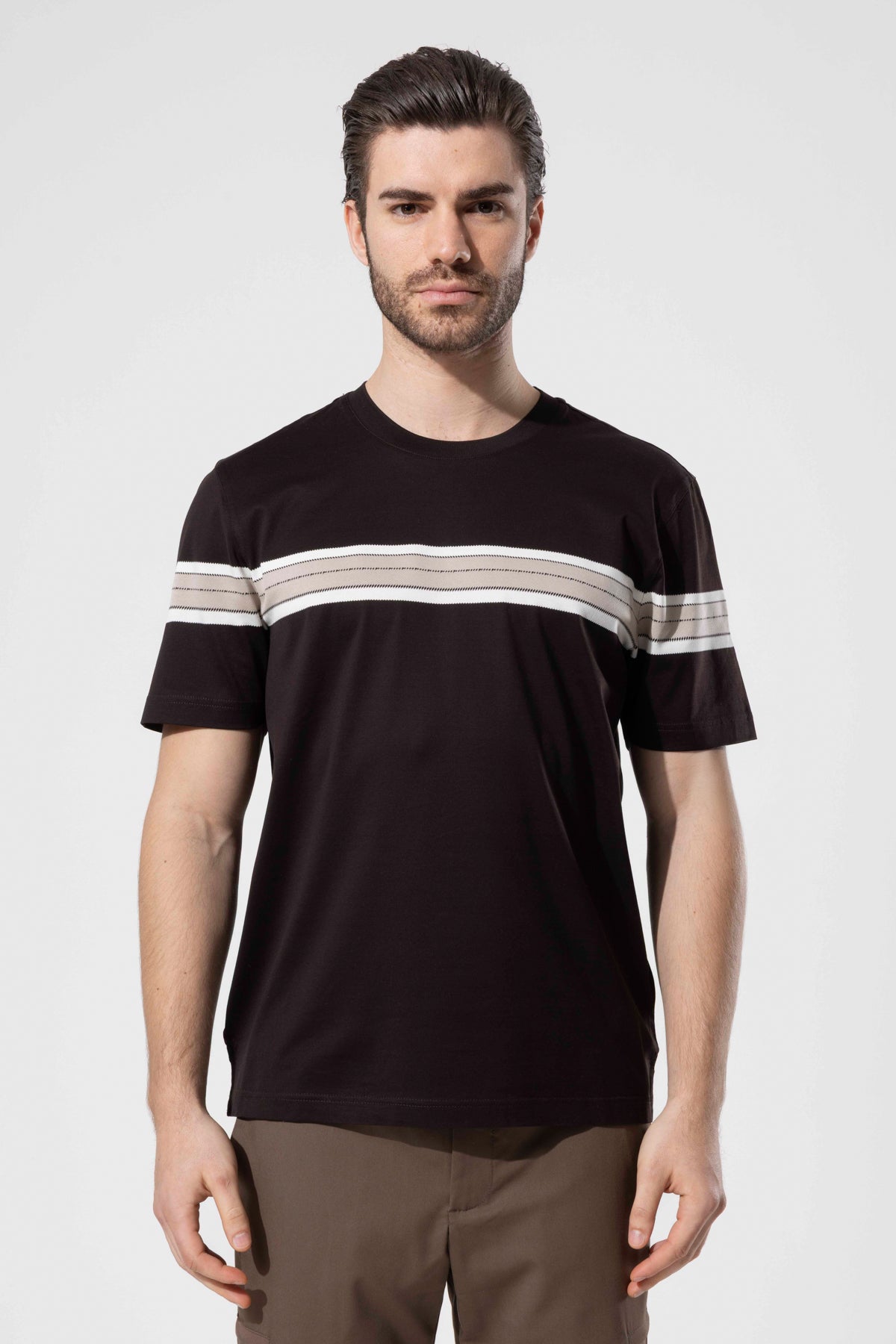 Çift Şerit Detaylı Bisiklet Yaka %100 Pamuk Erkek T-Shirt