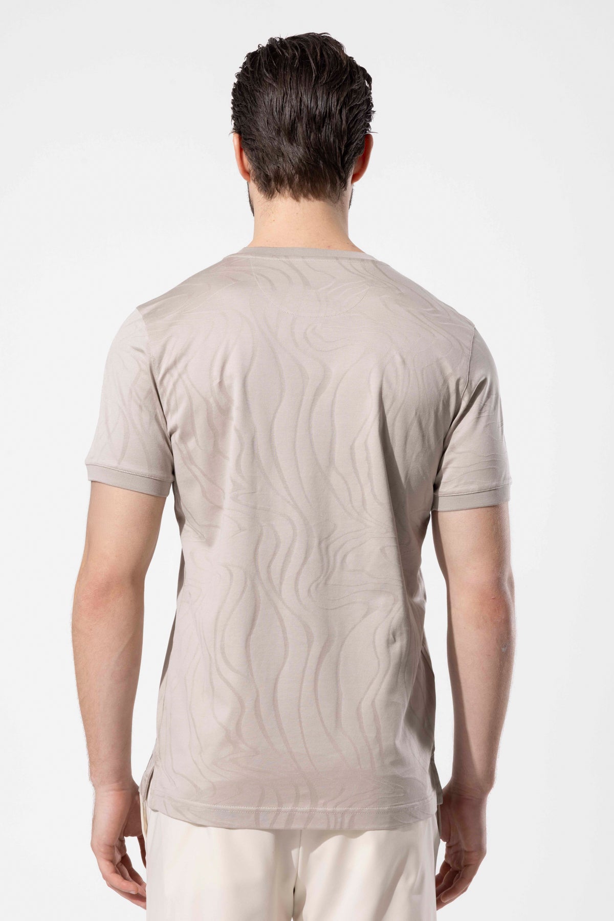 Men's Crew Neck 100% Cotton T-Shirt with Jacquard Pattern Detail
