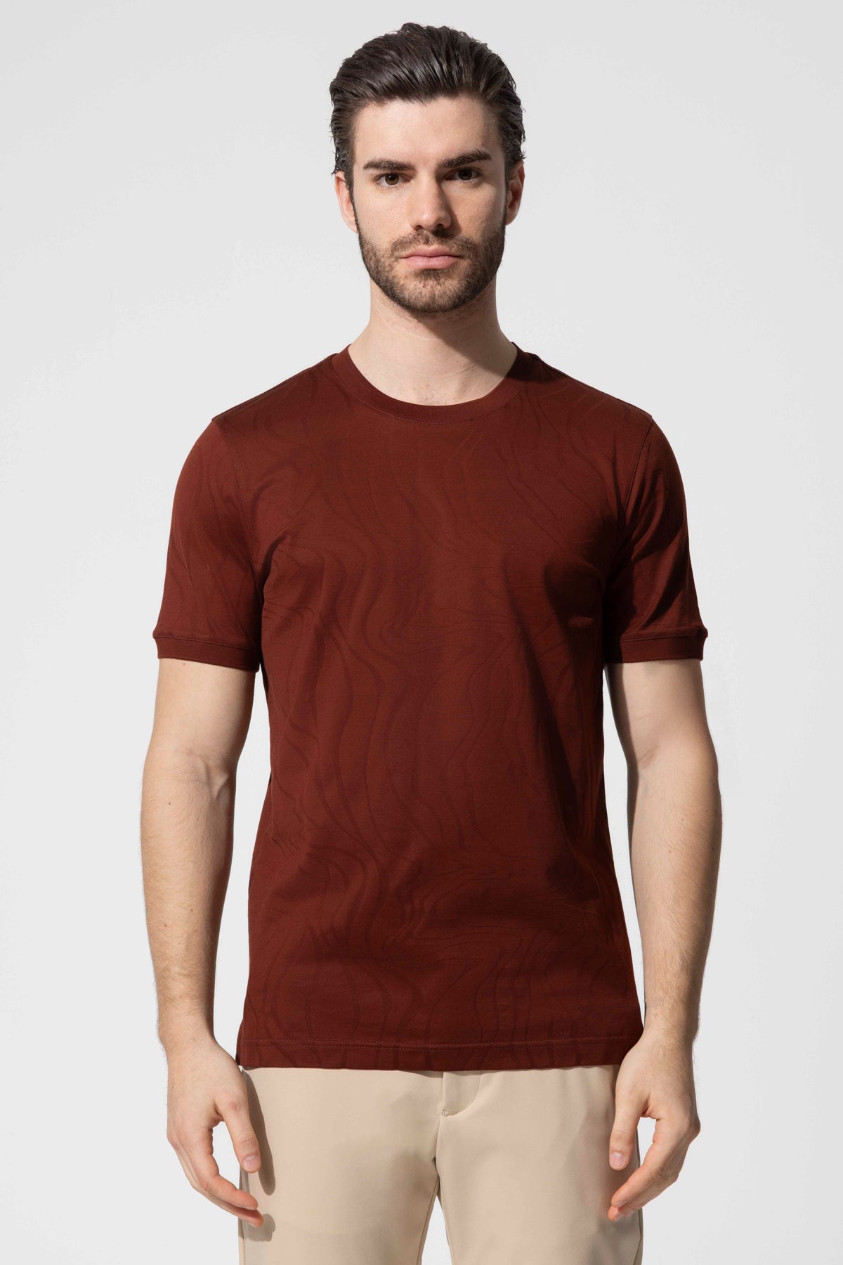 Men's Crew Neck 100% Cotton T-Shirt with Jacquard Pattern Detail