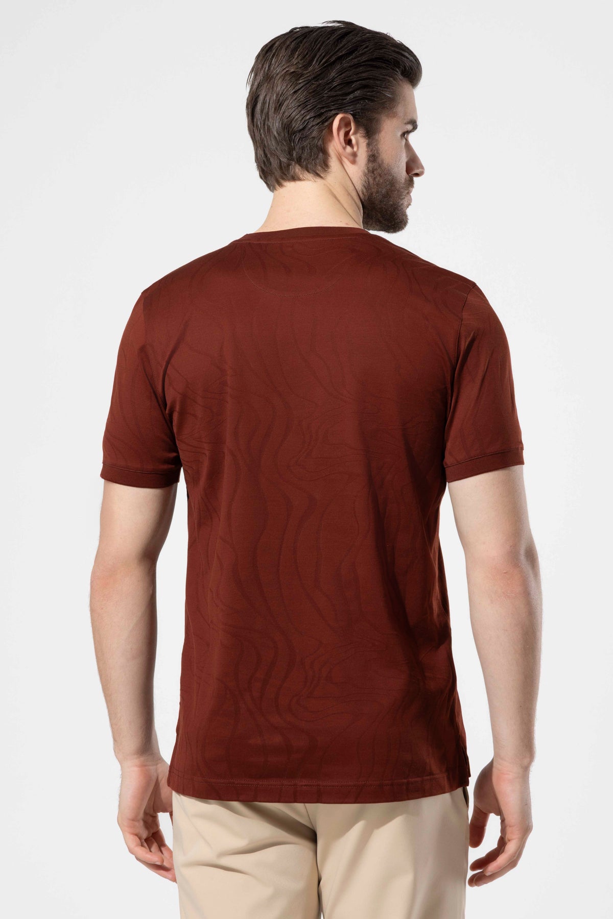Men's Crew Neck 100% Cotton T-Shirt with Jacquard Pattern Detail