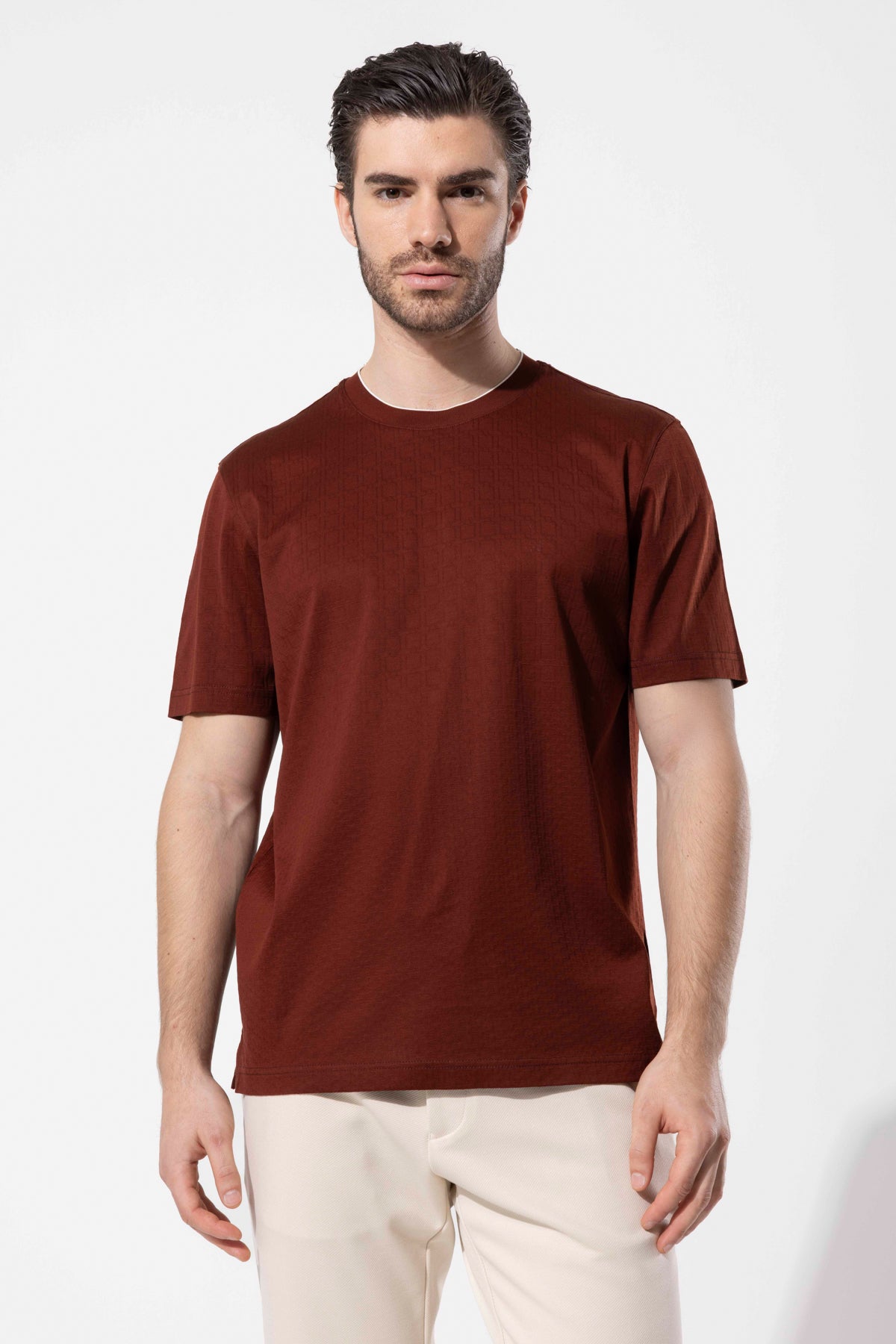 Micro Patterned Geometric Surface Crew Neck T-Shirt