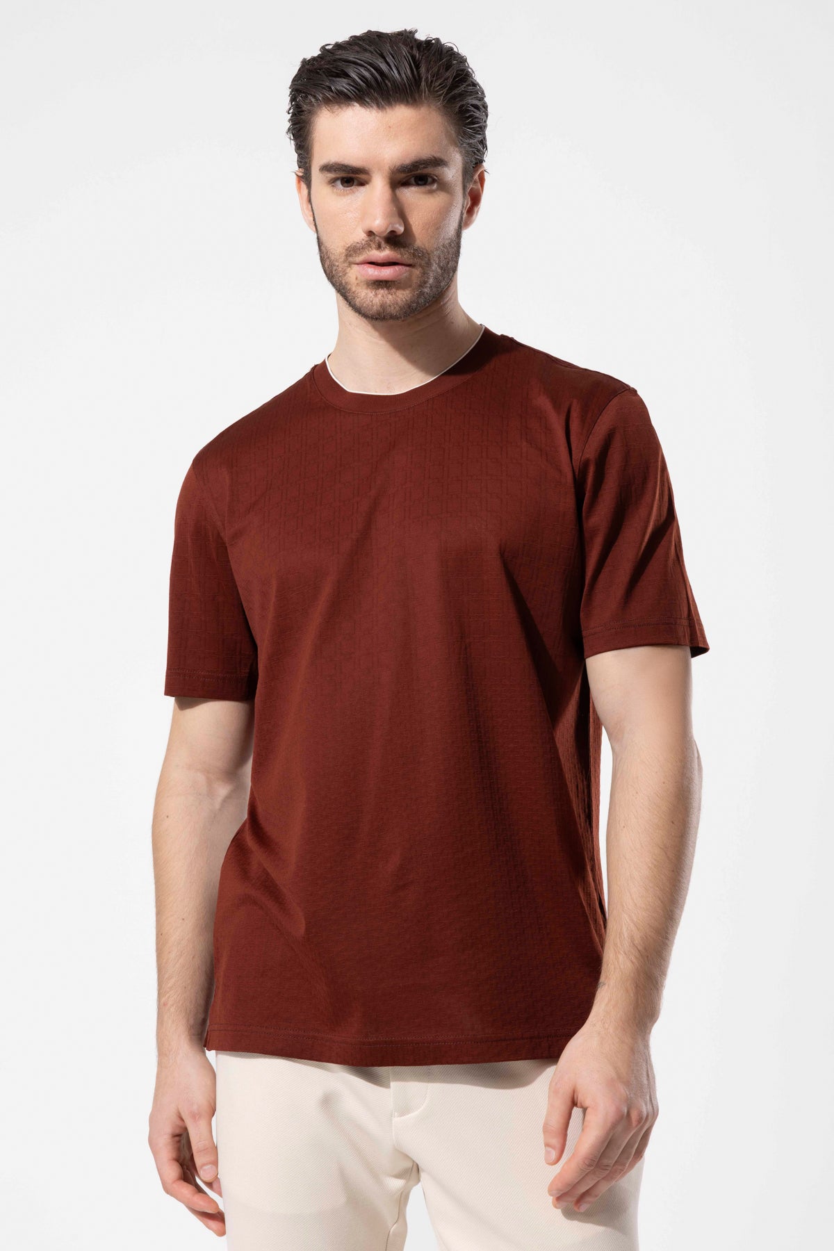 Micro Patterned Geometric Surface Crew Neck T-Shirt