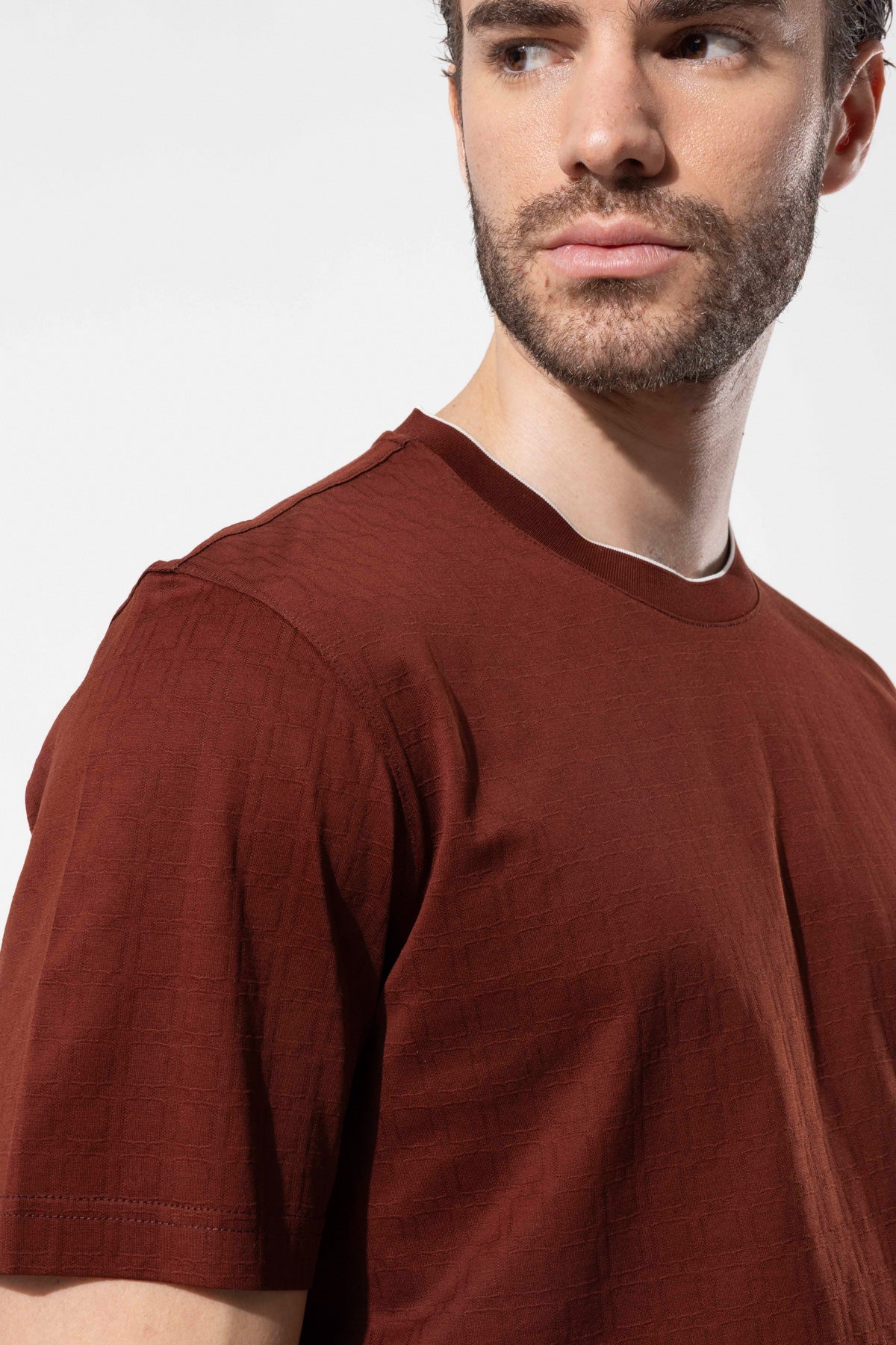 Micro Patterned Geometric Surface Crew Neck T-Shirt