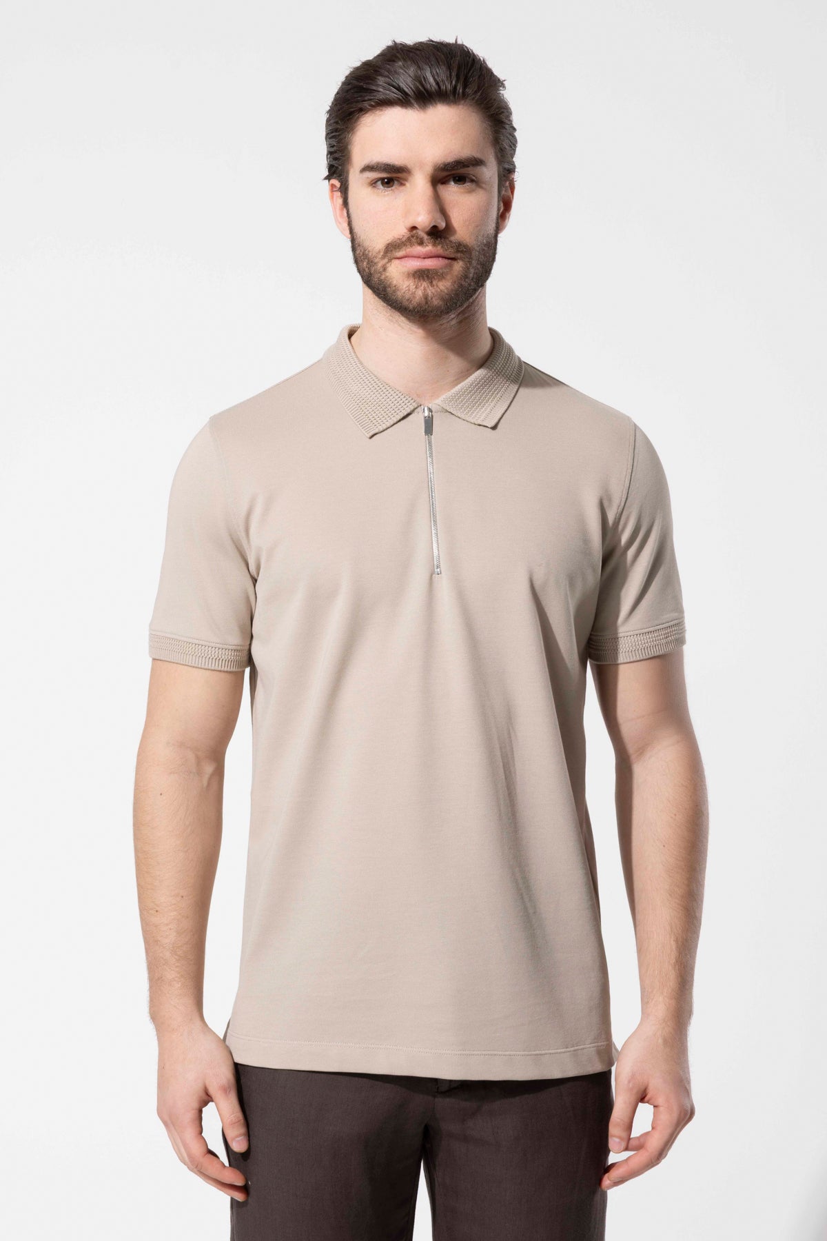 Fermuar Detaylı Örgü Yaka Polo T-Shirt