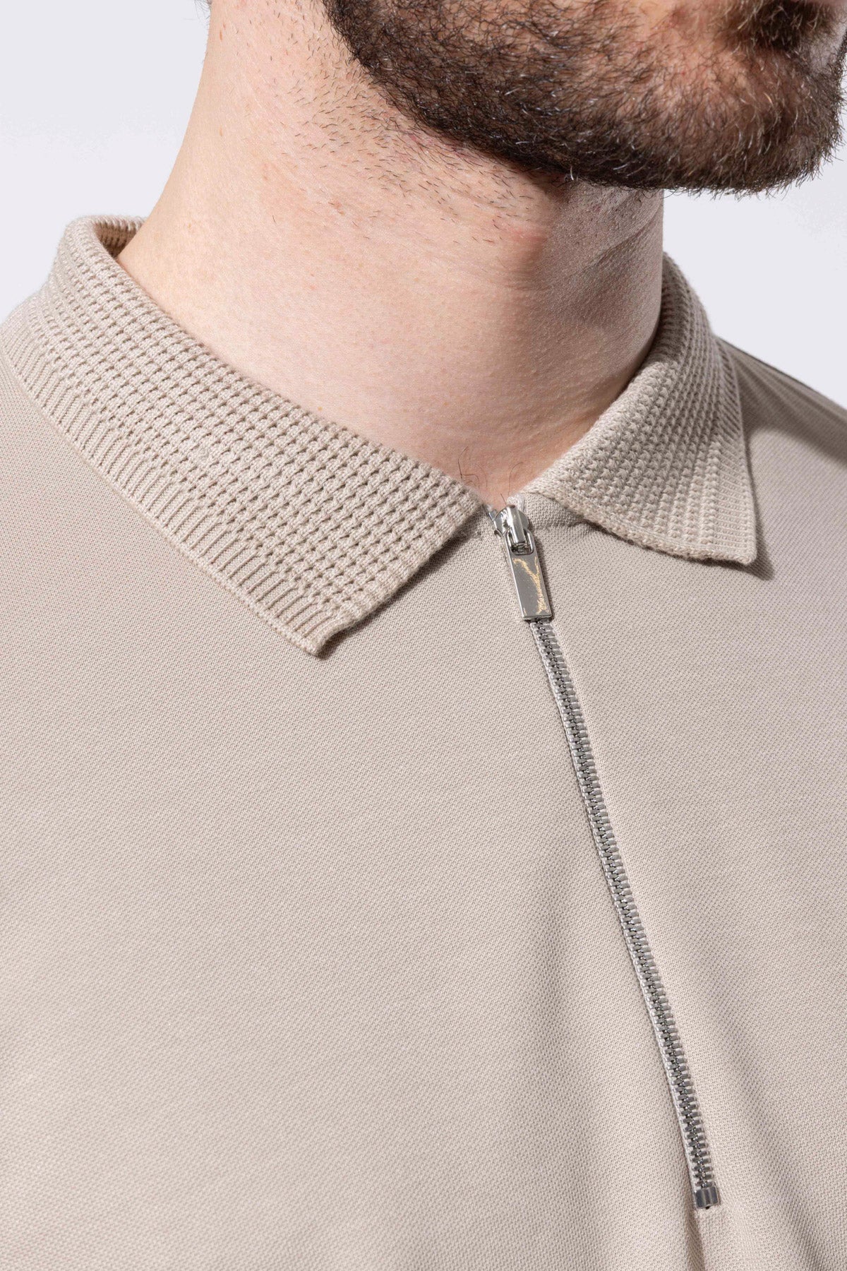 Fermuar Detaylı Örgü Yaka Polo T-Shirt